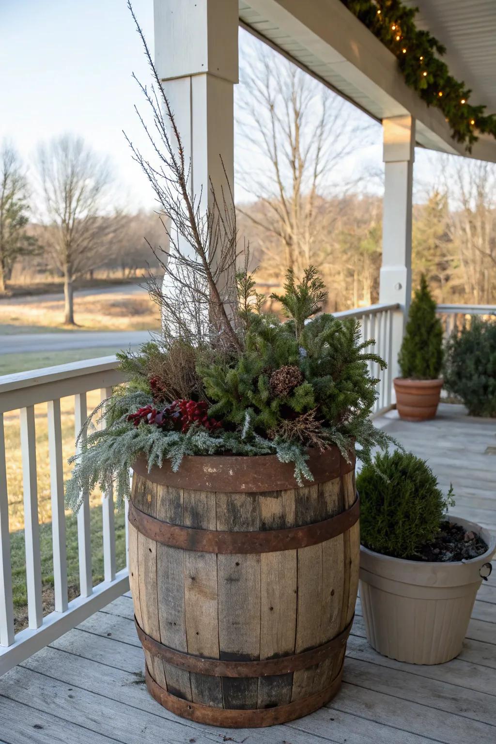 Winter displays benefit from the warmth and charm of down-to-earth containers.