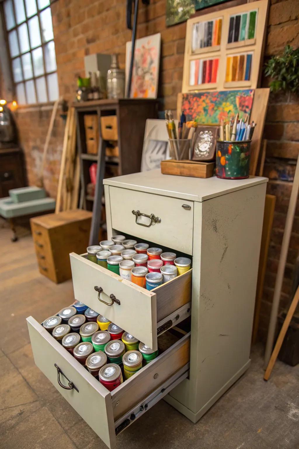 Retro filing cabinet being used for storing paint cans.