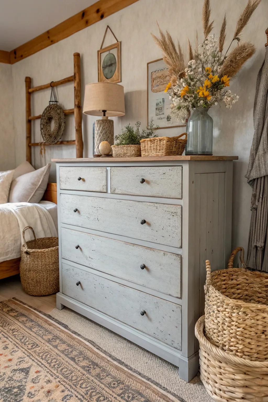 A worn stone dresser adds rustic charm and character.