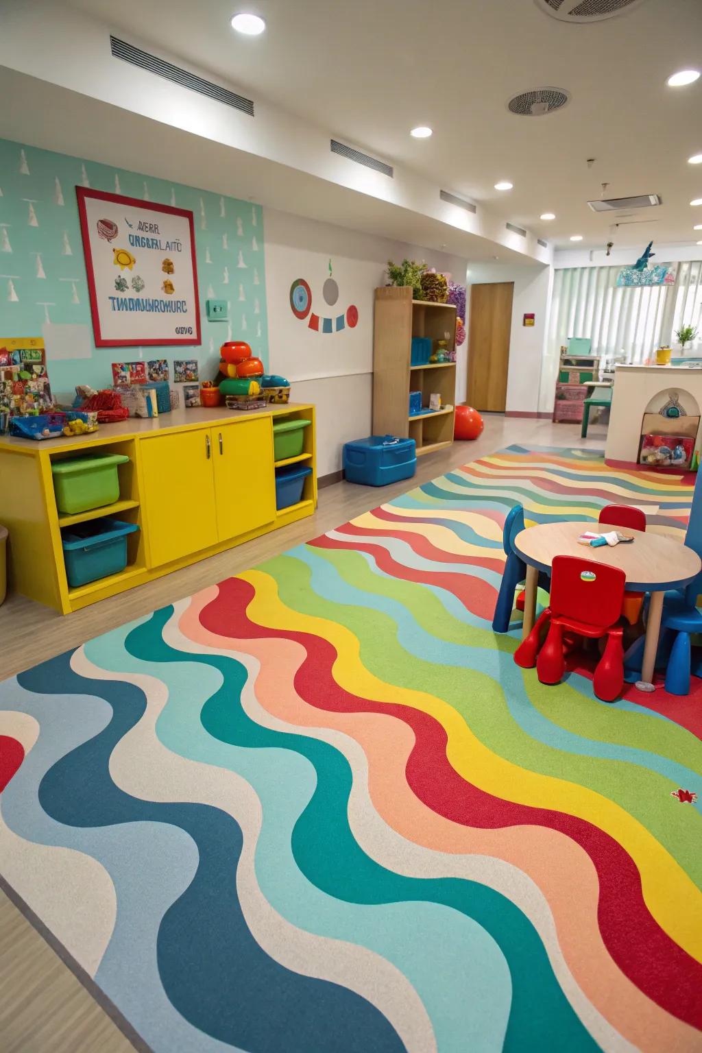 A playroom featuring floors with wave patterns painted on them, which adds a fun and energetic feel.