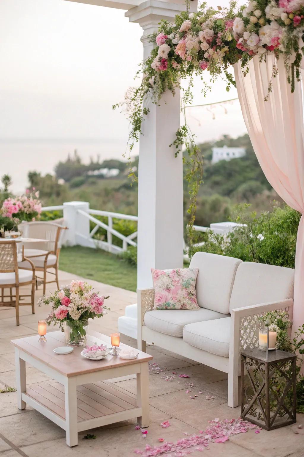 Pastel colors create a tranquil and inviting patio paradise.