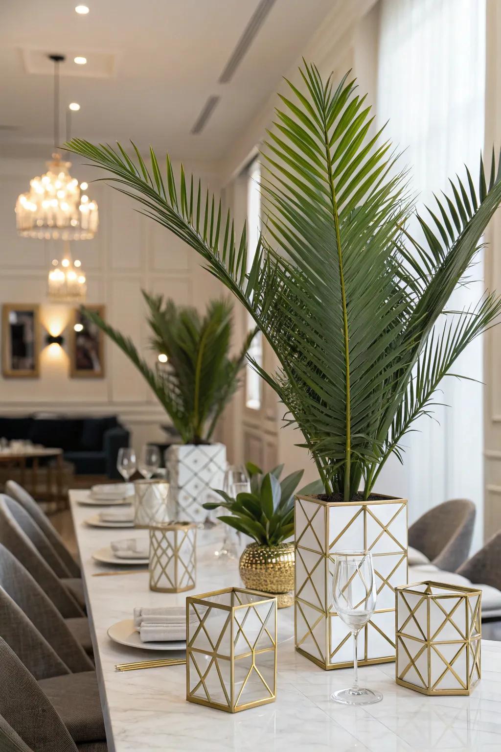 Geometric vessels add a modern twist to palm centerpieces.