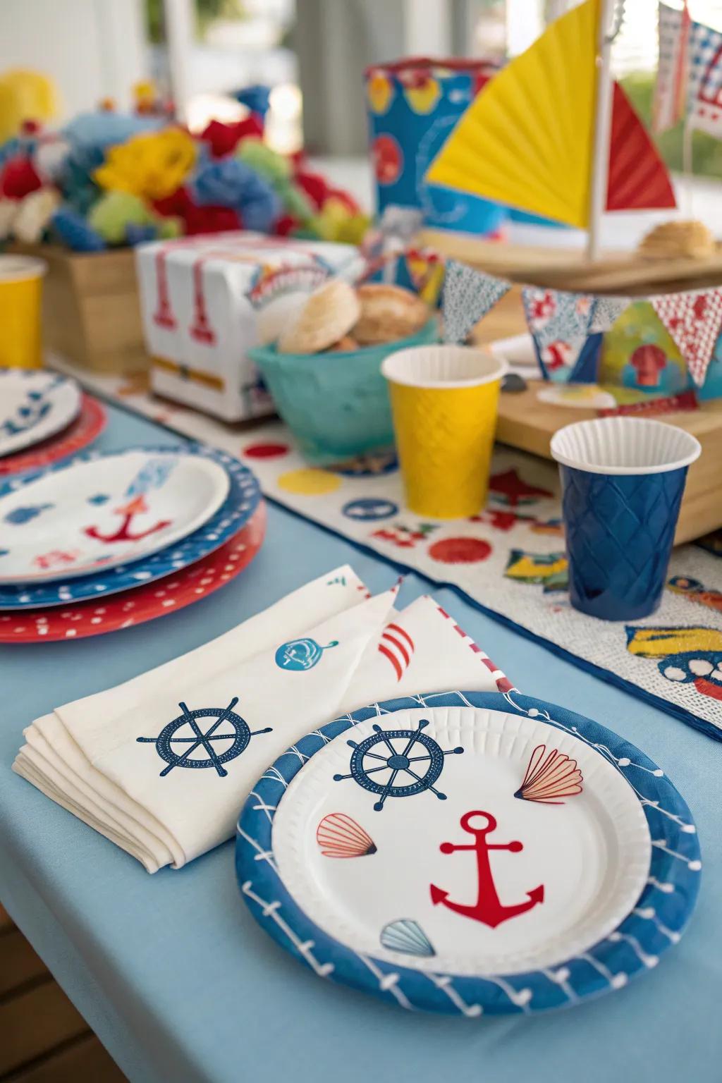 Nautical-themed tableware creating a seaside-inspired setting