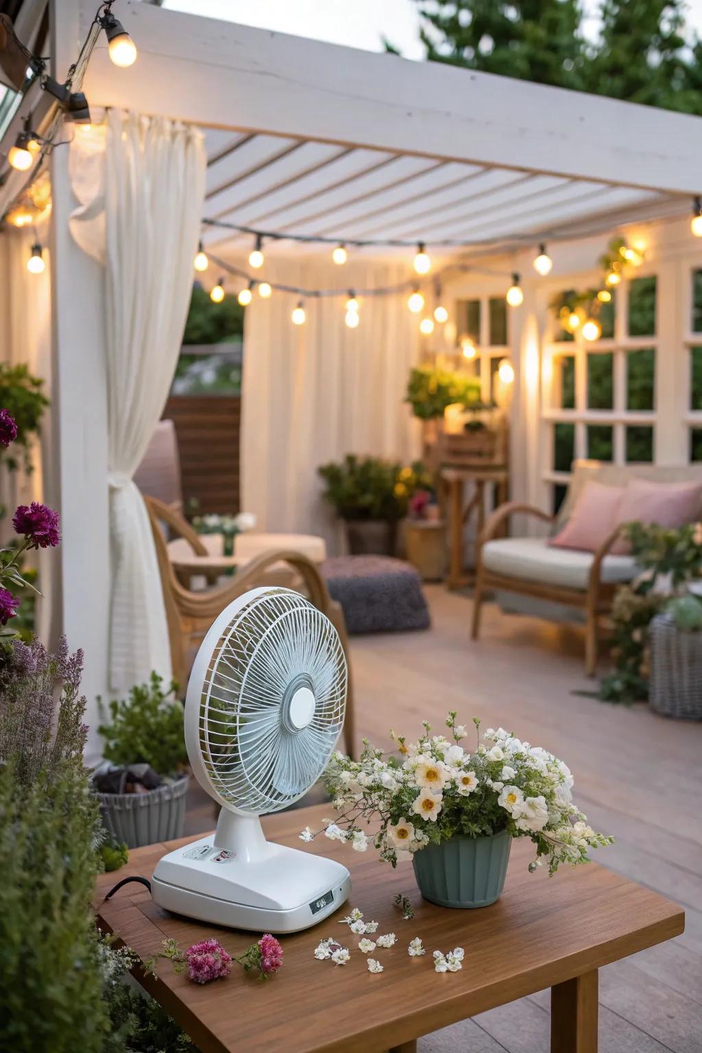 A chic patio featuring a portable table fan for versatile cooling.