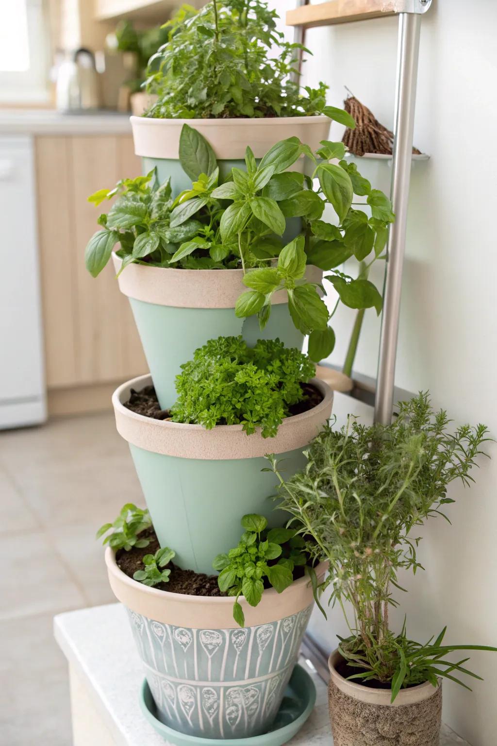 DIY herb tower maximizing vertical space.