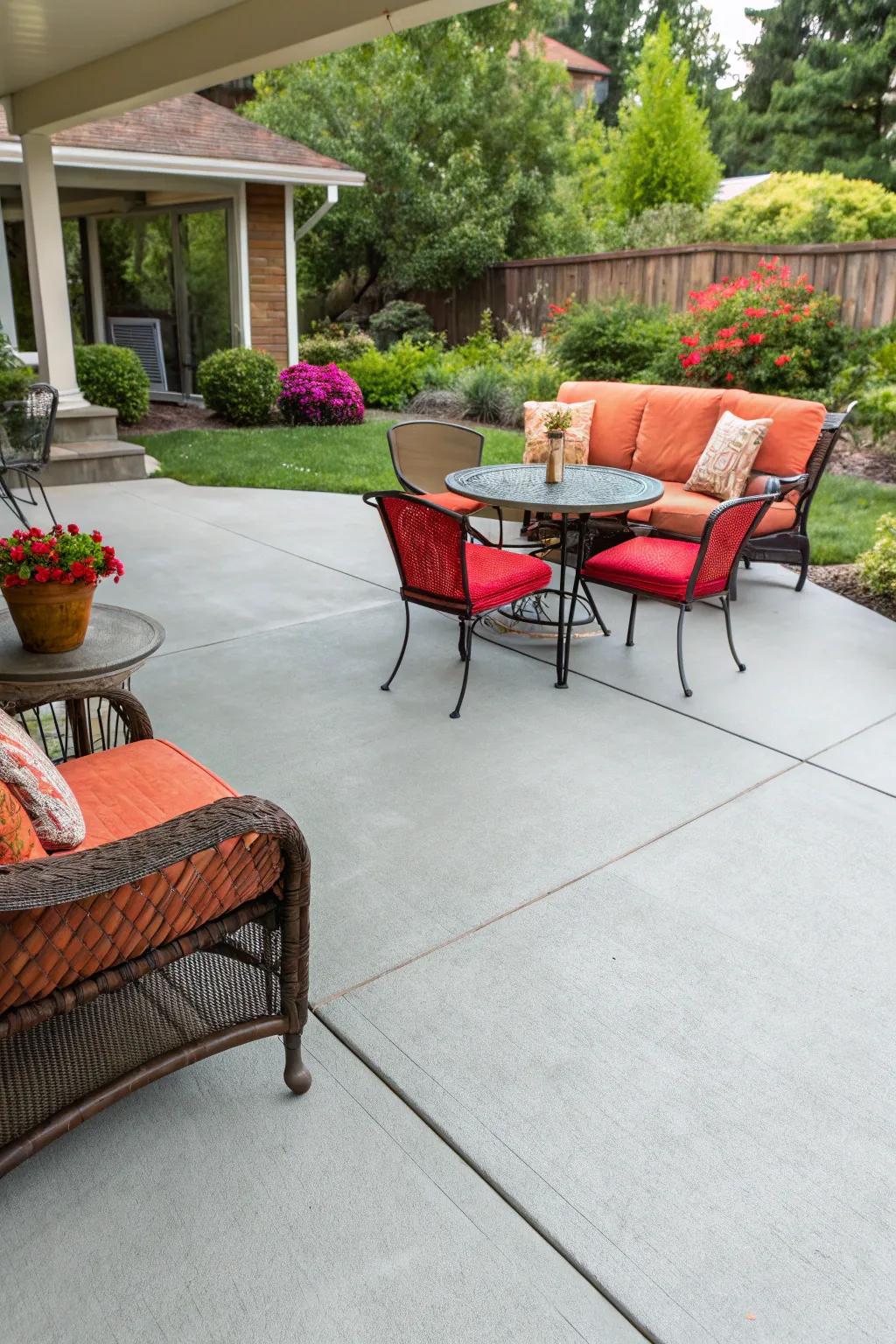 A freshly painted concrete patio presenting a pristine, fresh aesthetic.