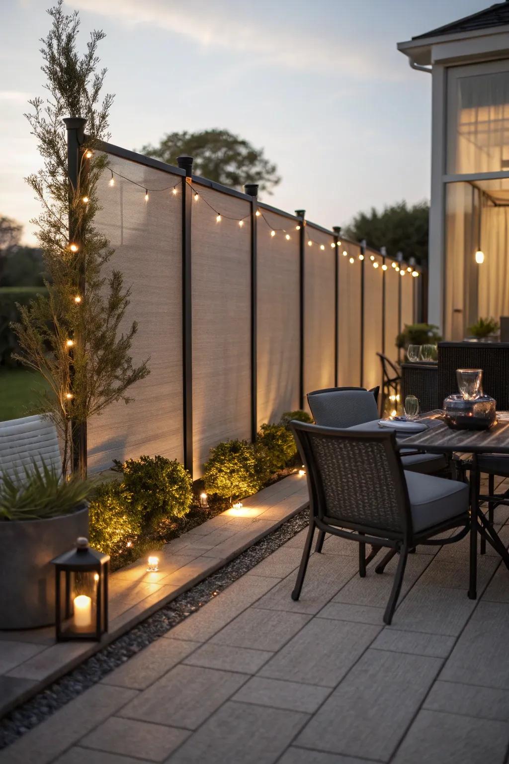 Illuminated privacy structures create a cozy and private atmosphere.