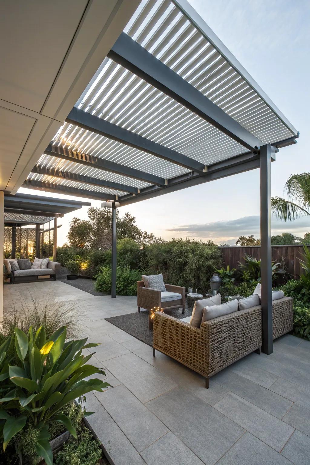 Louvered roofs offer dynamic shading solutions for modern patios.
