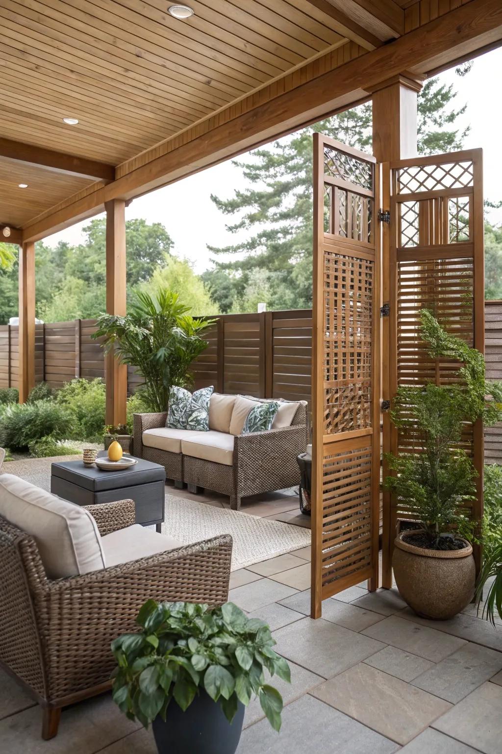 A peaceful patio enhanced by a wooden privacy screen.