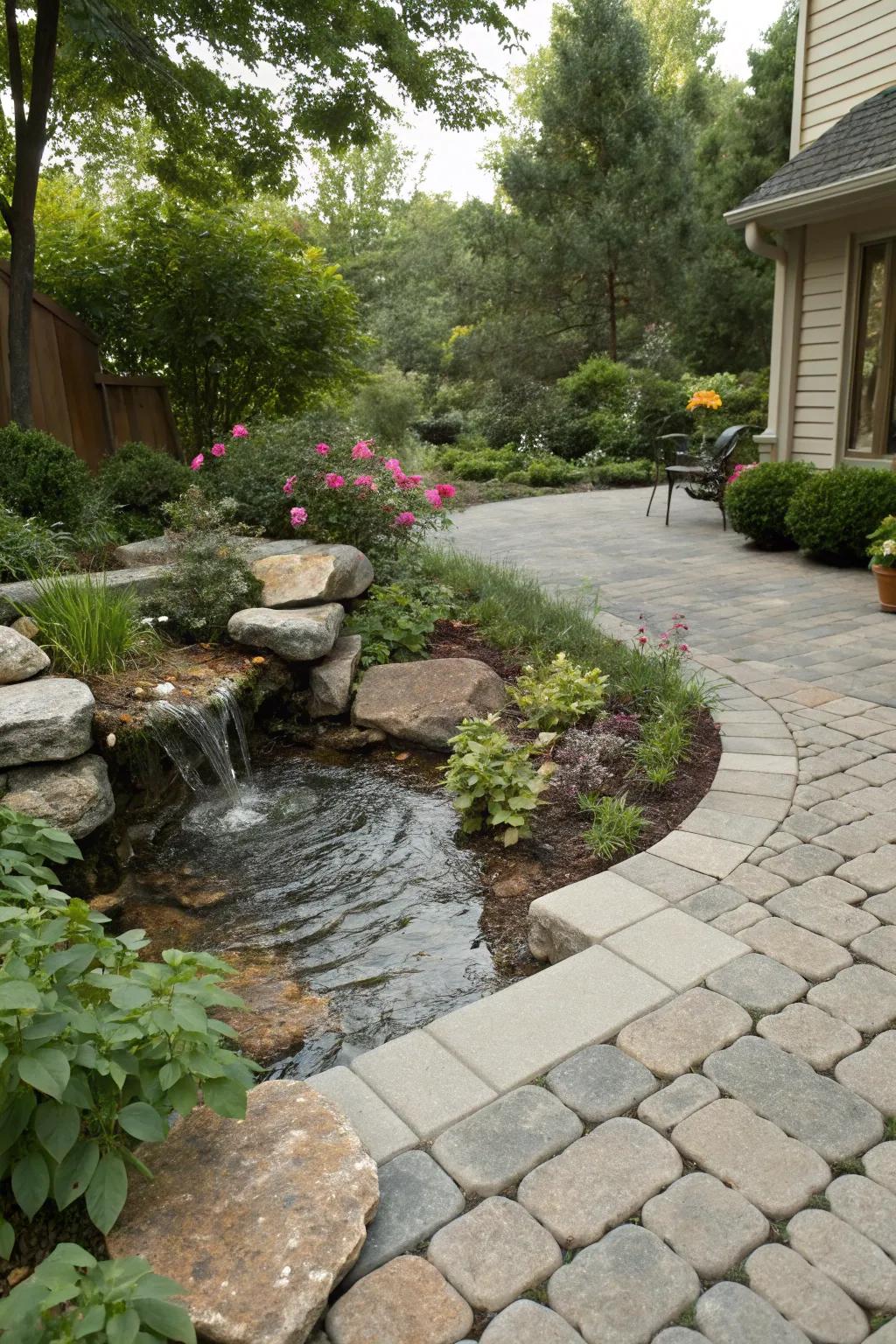A paver patio featuring an integrated water feature, establishing a tranquil environment.