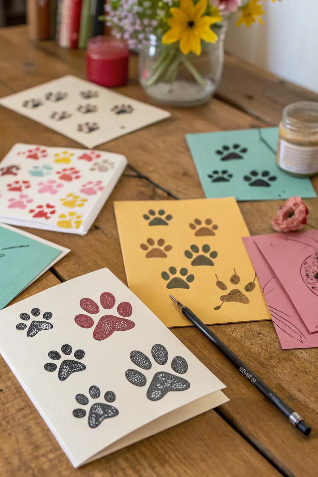 Handmade notecards with paw print designs.
