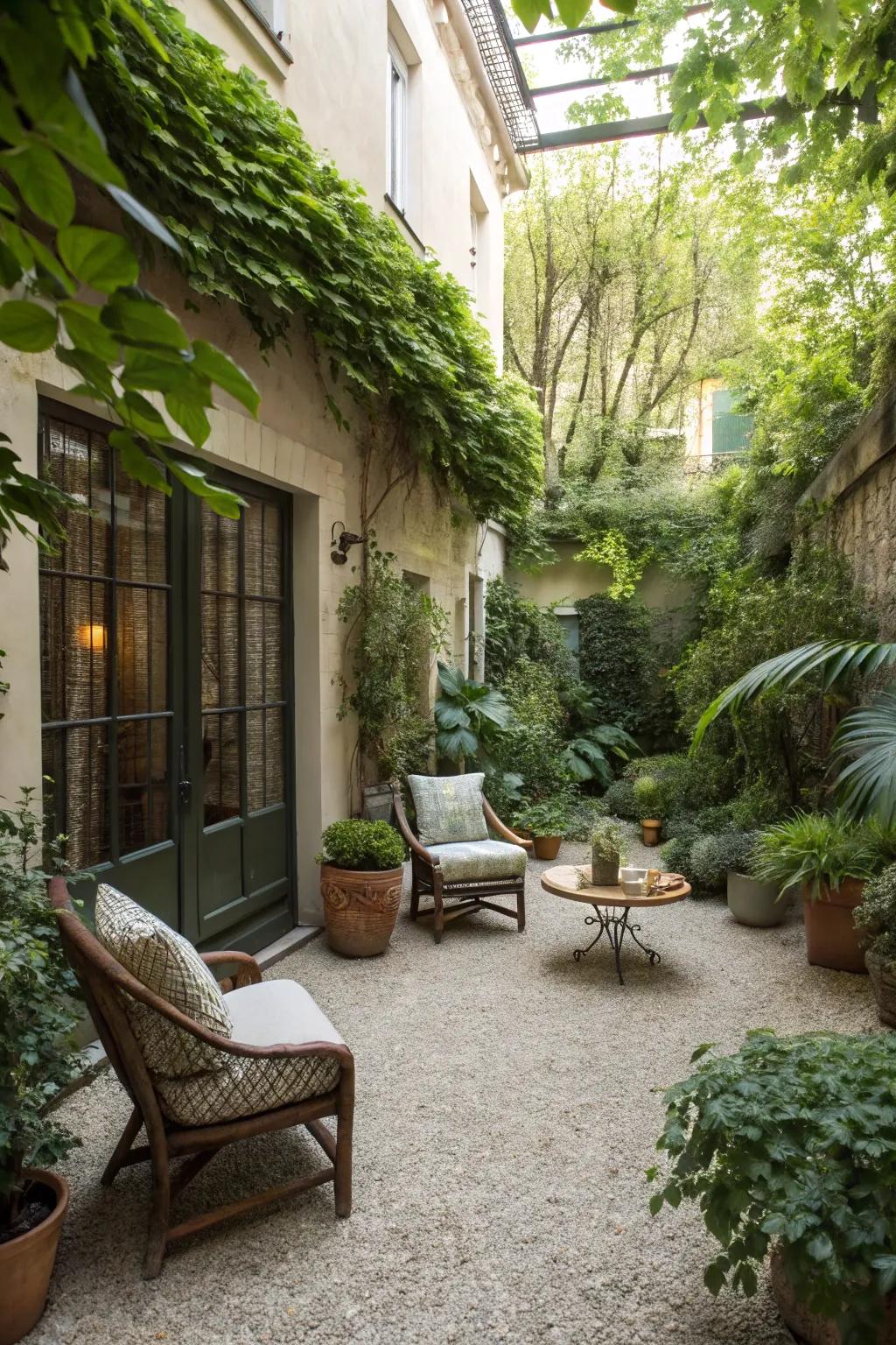 An elegant courtyard escape featuring lush greenery.