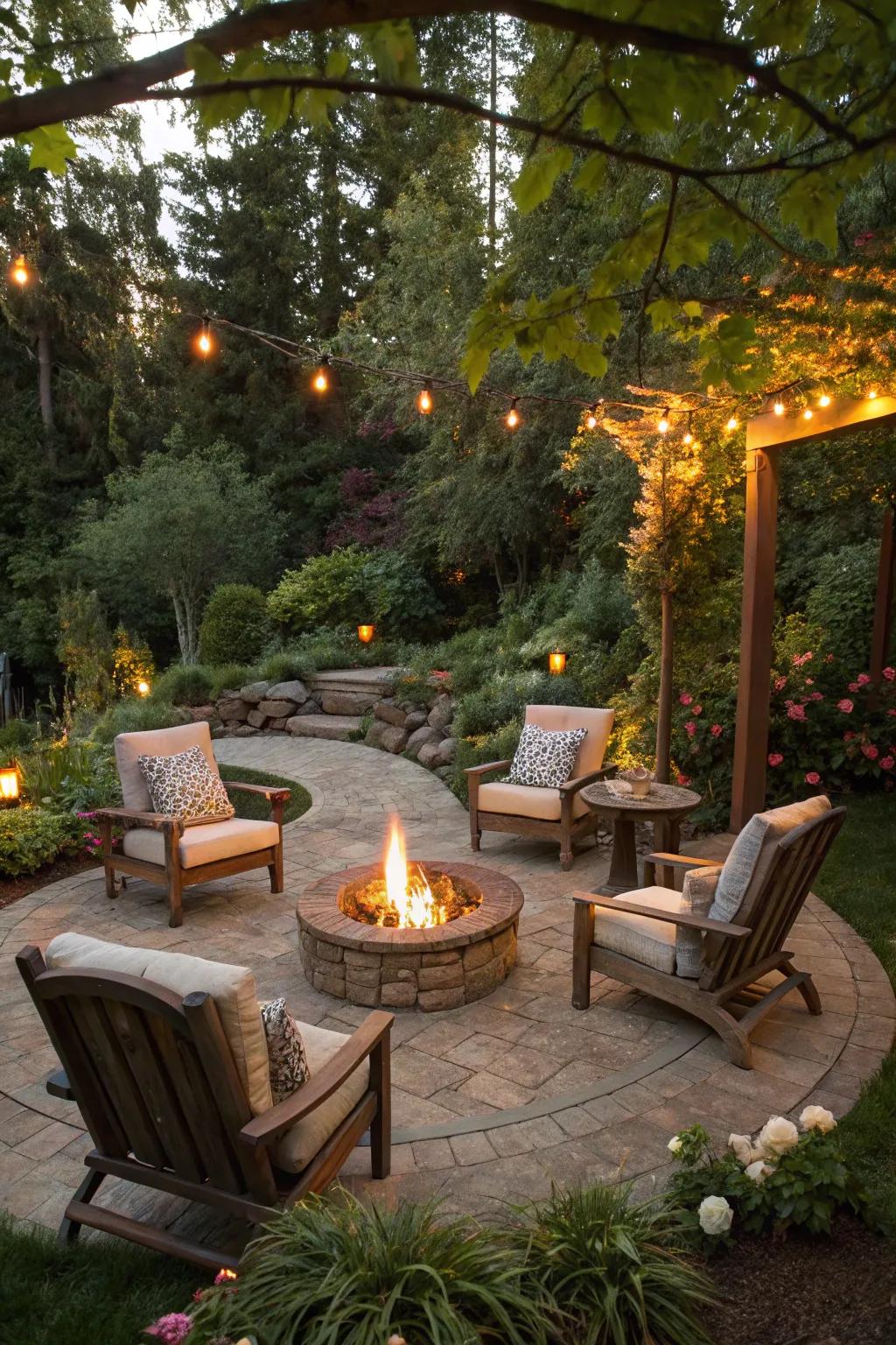 A bonfire pit fashions a snug gathering spot in the garden.