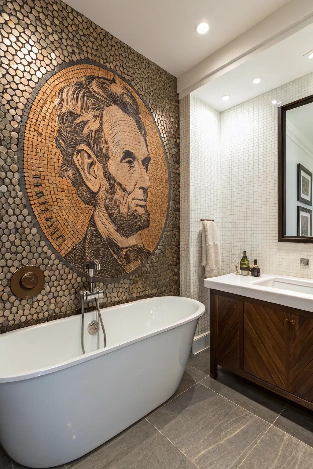 Unique mosaic art created with penny tiles as a focal point.