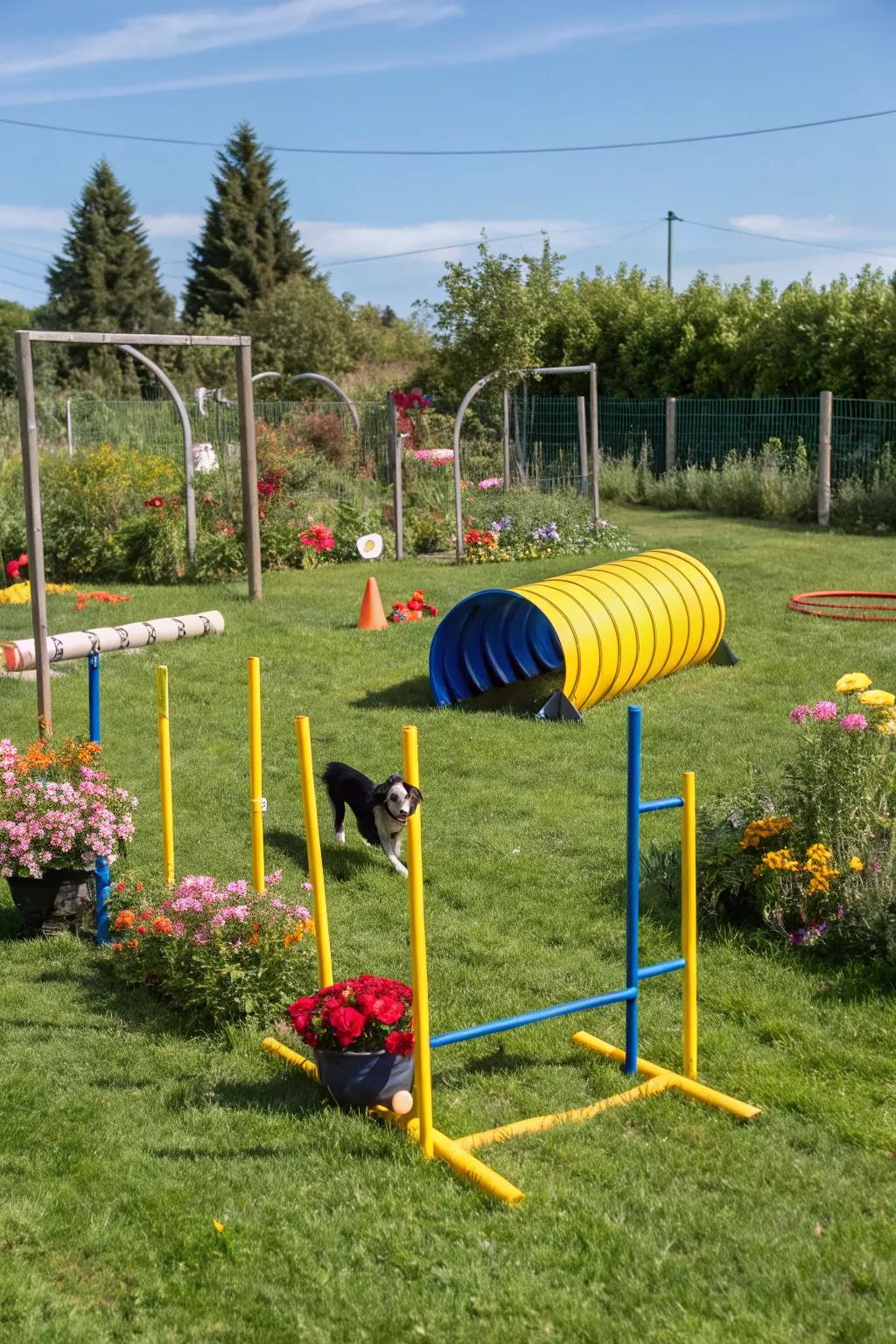 A custom agility system provides a fun and engaging activity for pets.