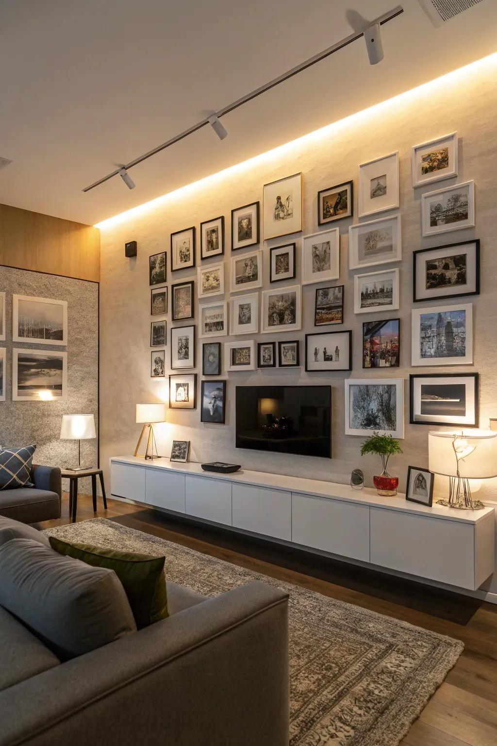 Accent lighting turns this photo wall into a striking focal point.