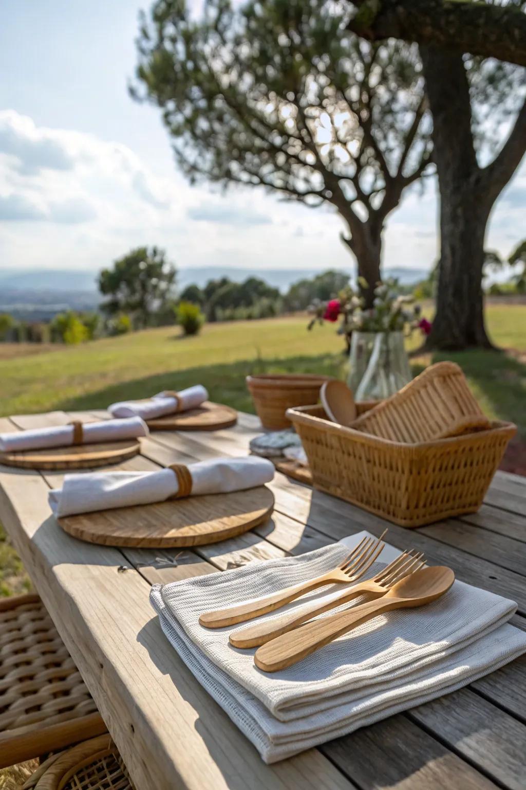Natural materials like bamboo and linen offer an eco-friendly elegance to this table.