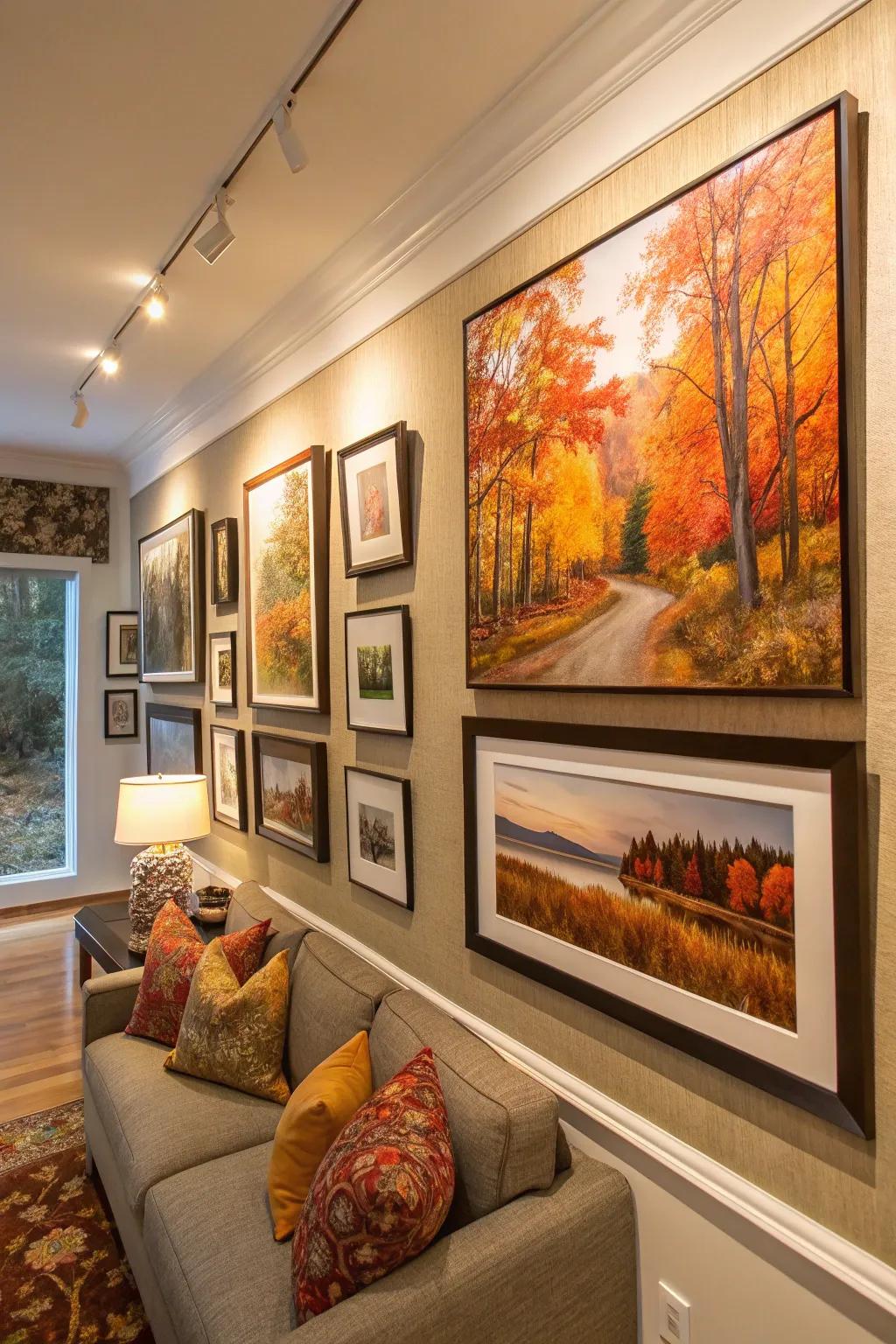 A seasonal picture wall illustrating the hues of autumn.
