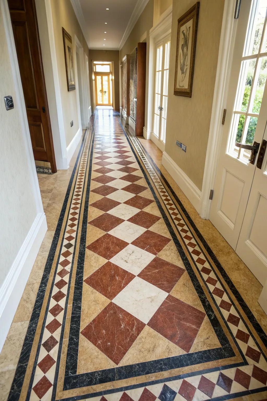 Striking borders in hallways fashion a guiding visual course.