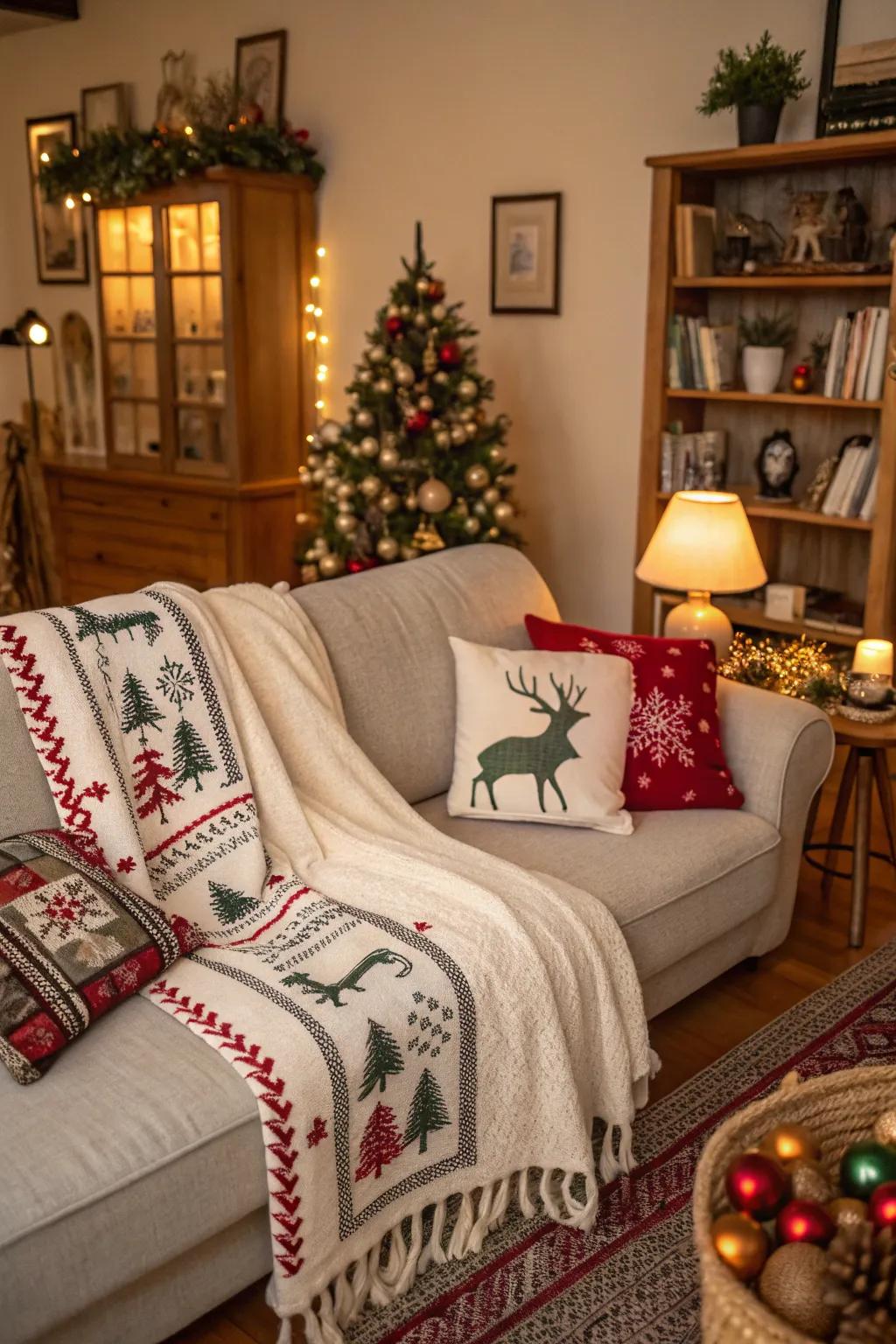 Throws coordinated with a specific theme, adding a festive touch to the design.