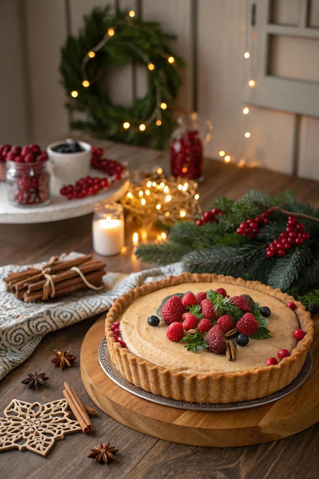 A pie featuring festive holiday-themed embellishments.