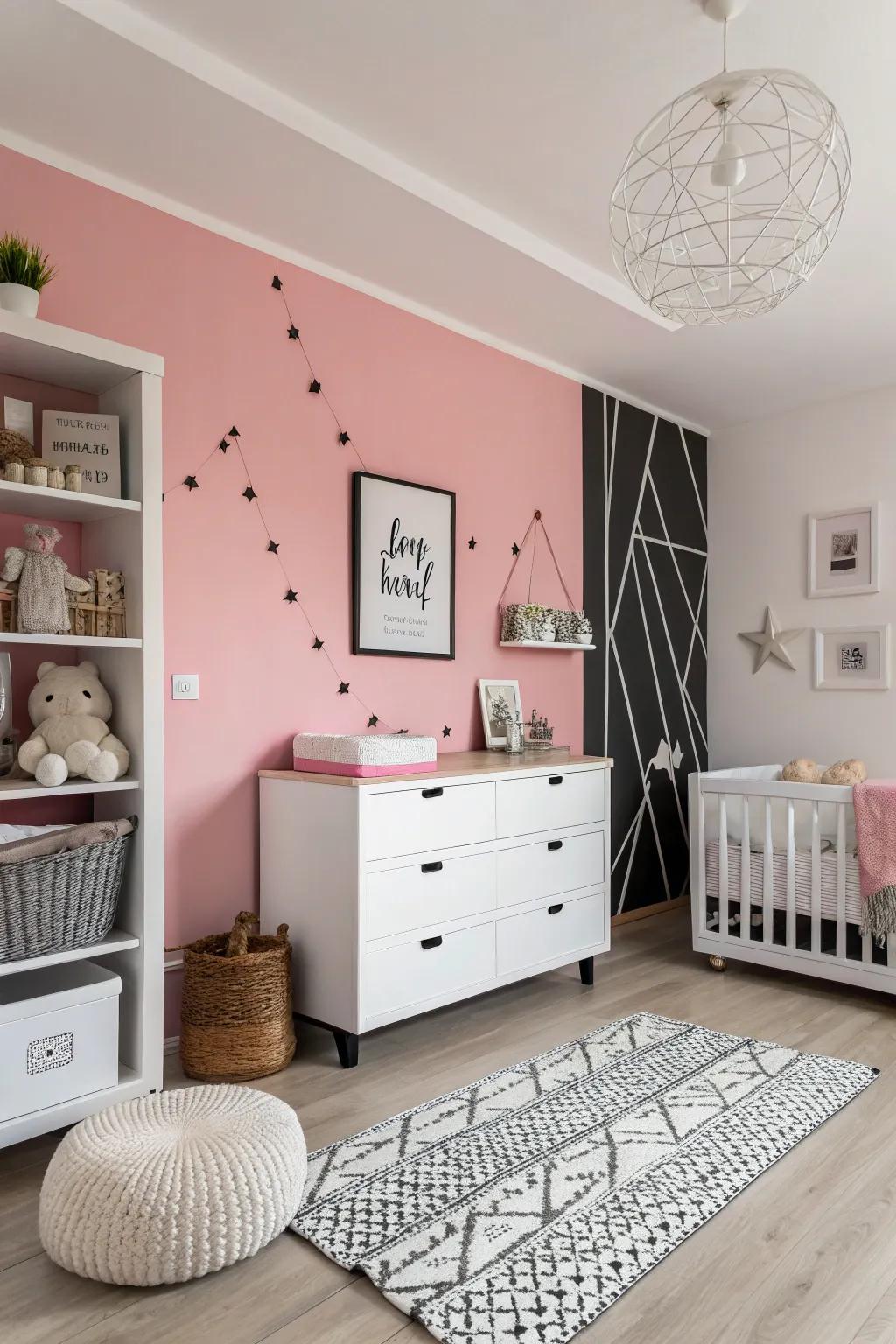 A modern nursery where pink meets monochrome for a balanced look.