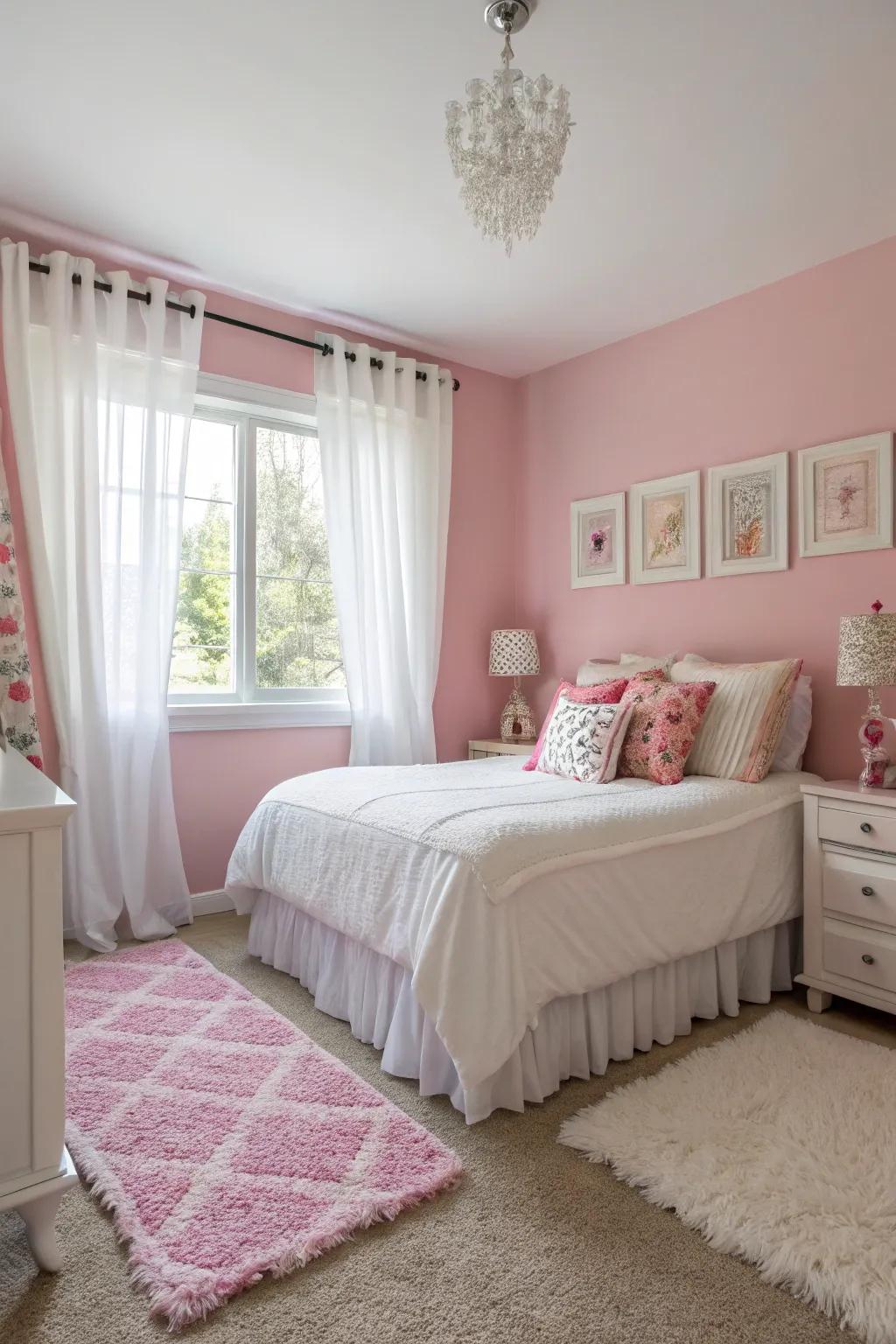 A definitive rose and ivory palette engenders a radiant and airy bedroom.