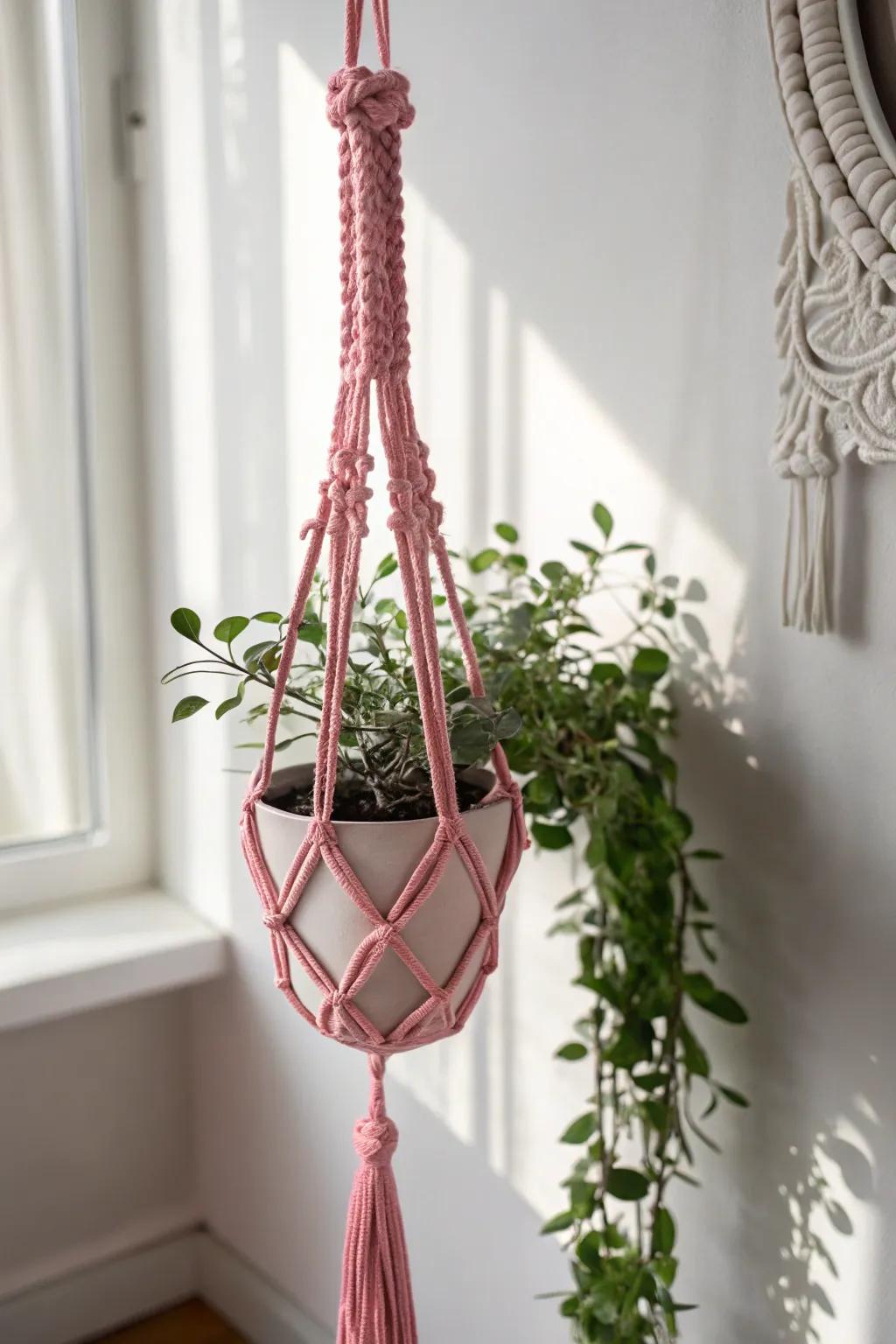 Contribute a burst of pigment and craftsmanship to your dwelling via this chic blush macram&eacute; flora hanger.