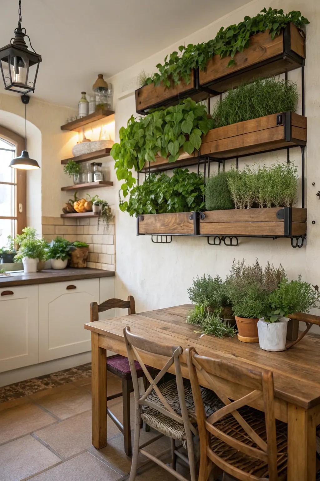 Create a cooking area herb retreat with plant shelves.