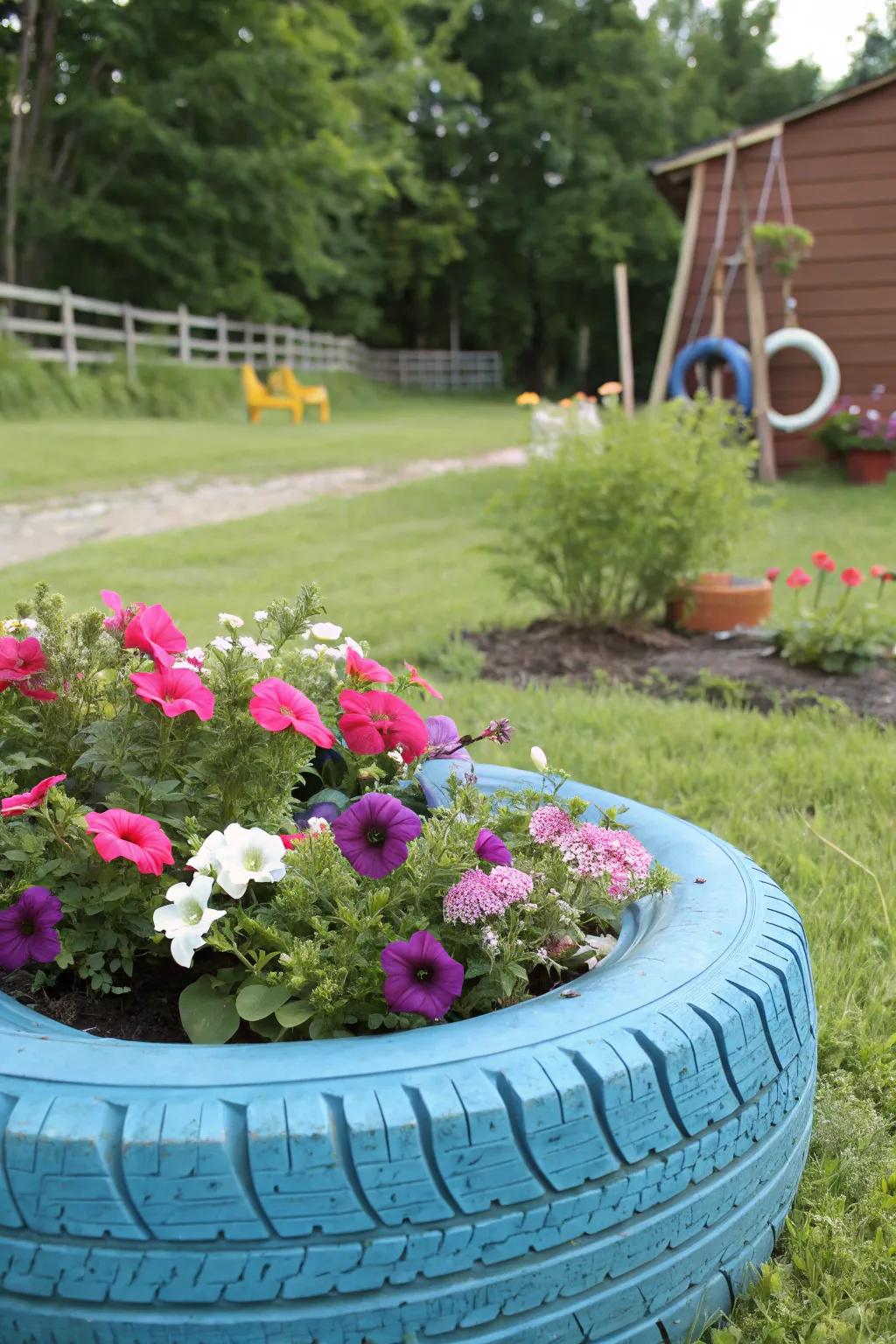 You can transform an old tire into a planting feature for the lawn.