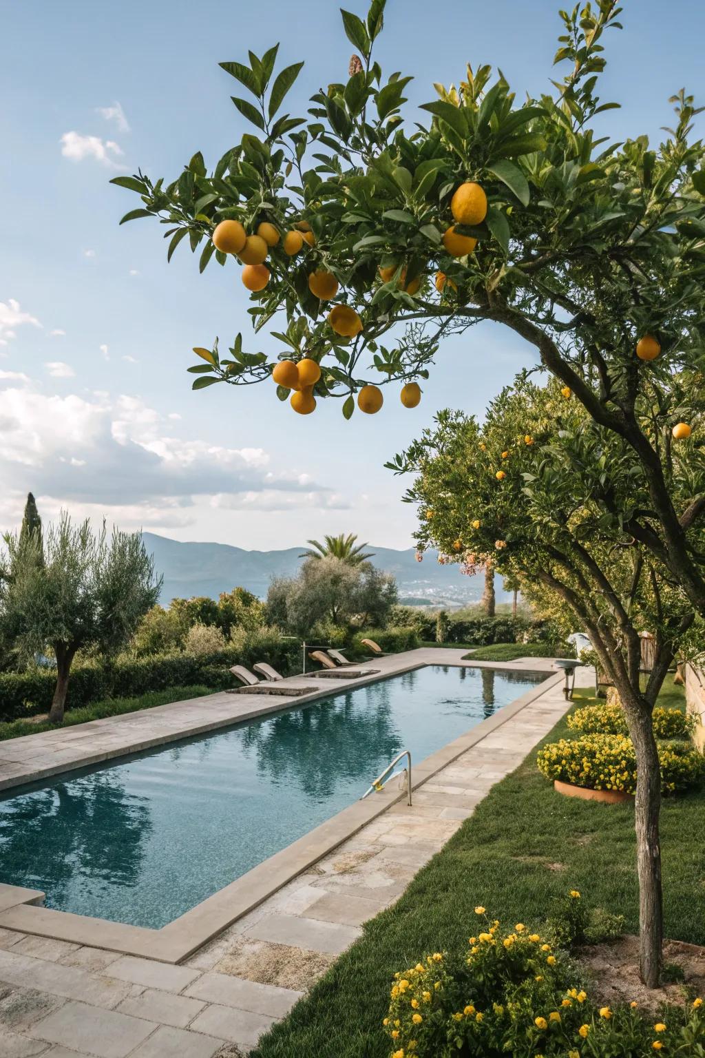 Citrus trees offer beauty and fresh fruit by the pool.