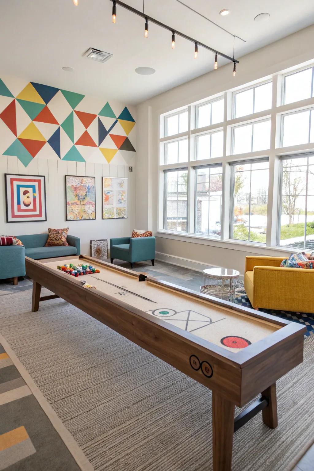 A playroom highlighting a stylish shuffleboard table.