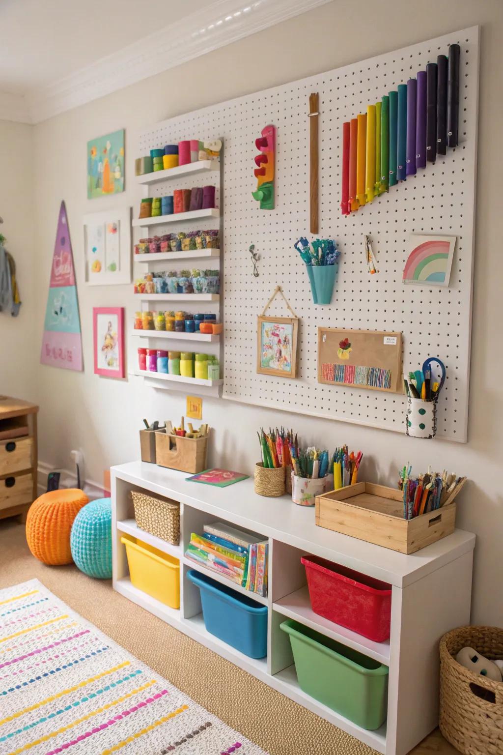 A pegboard in a playroom, creatively organizing art materials.