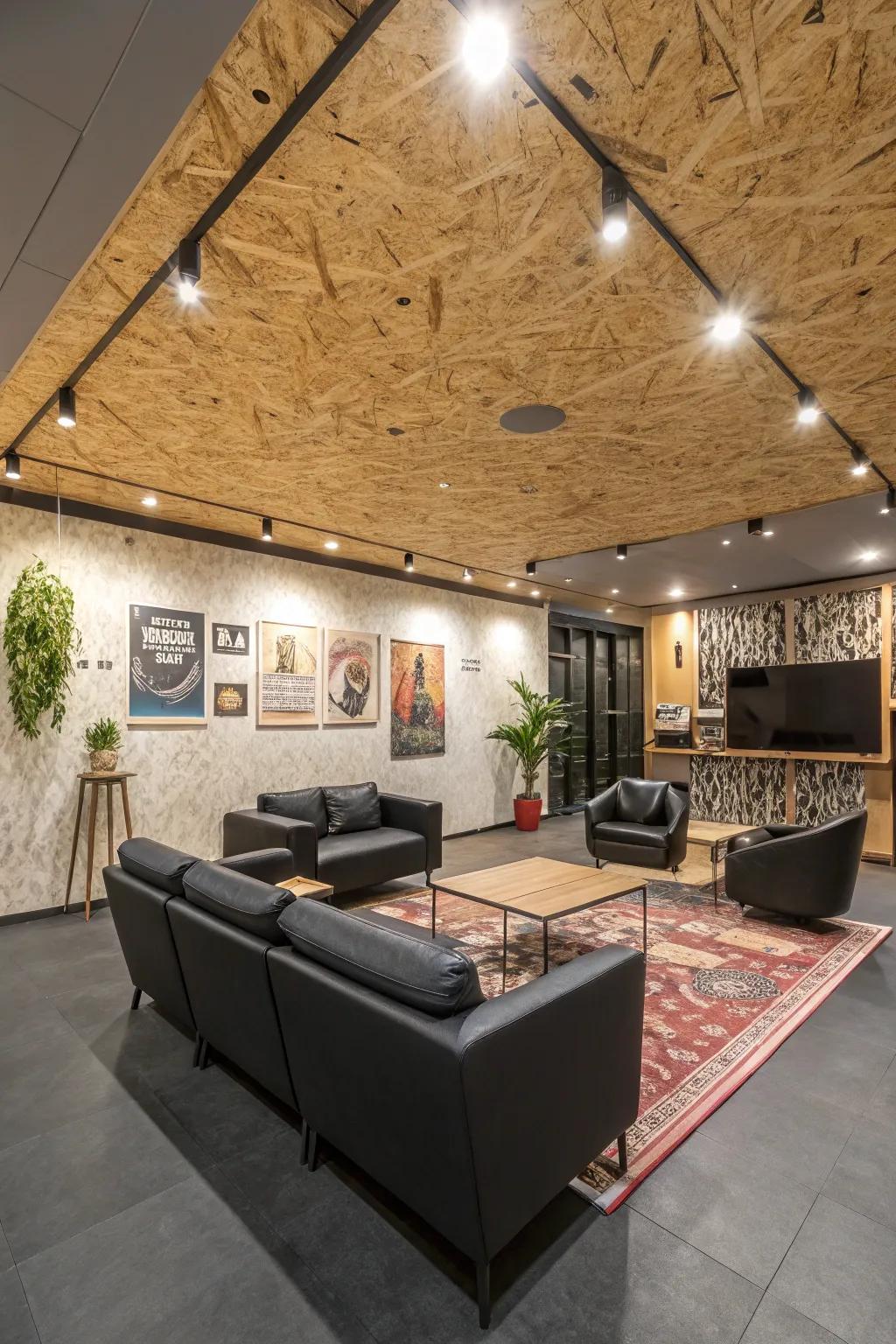 An artistic plywood ceiling that transforms the room into a conversation piece.