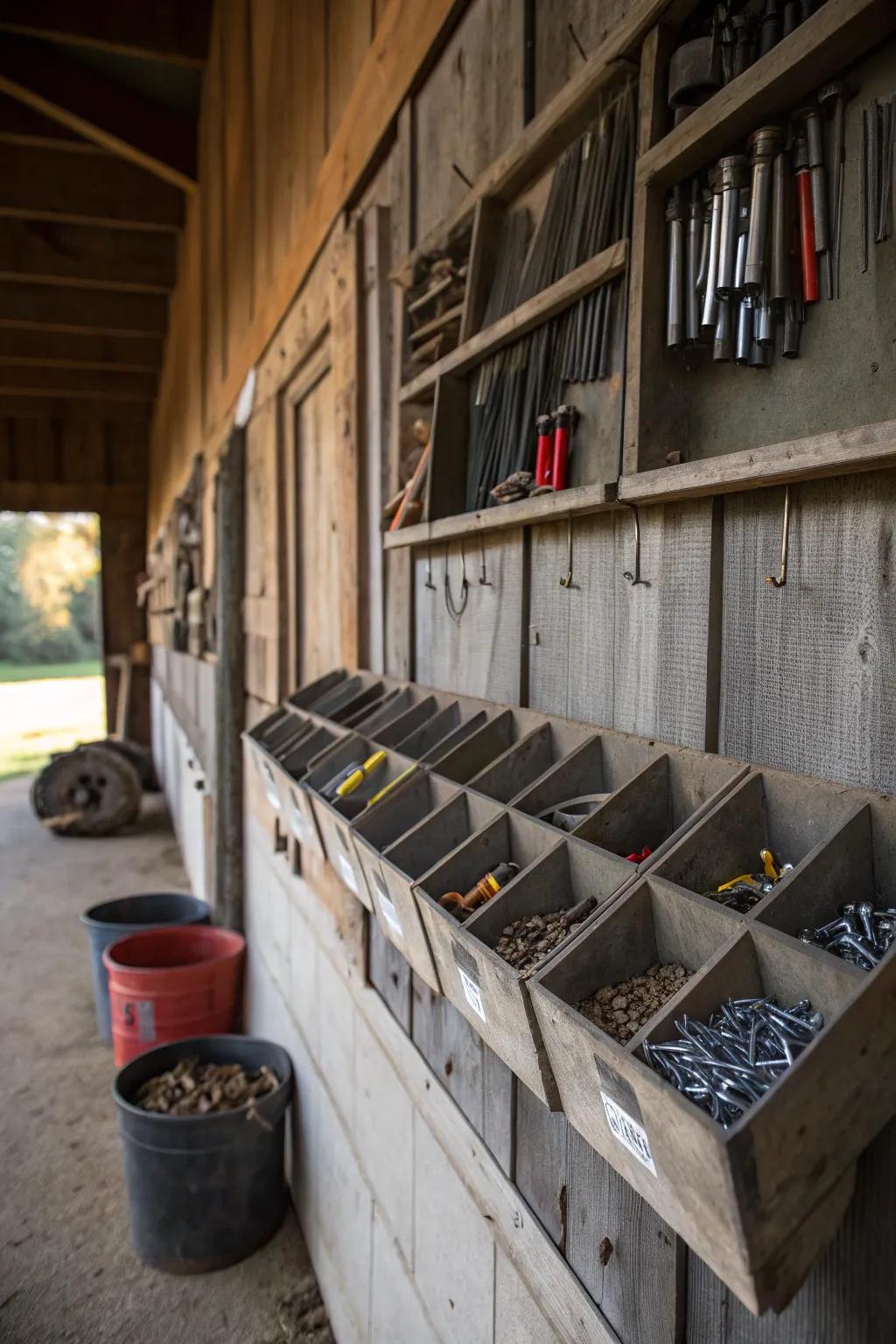 Wall-mounted bins keep small items accessible and organized.