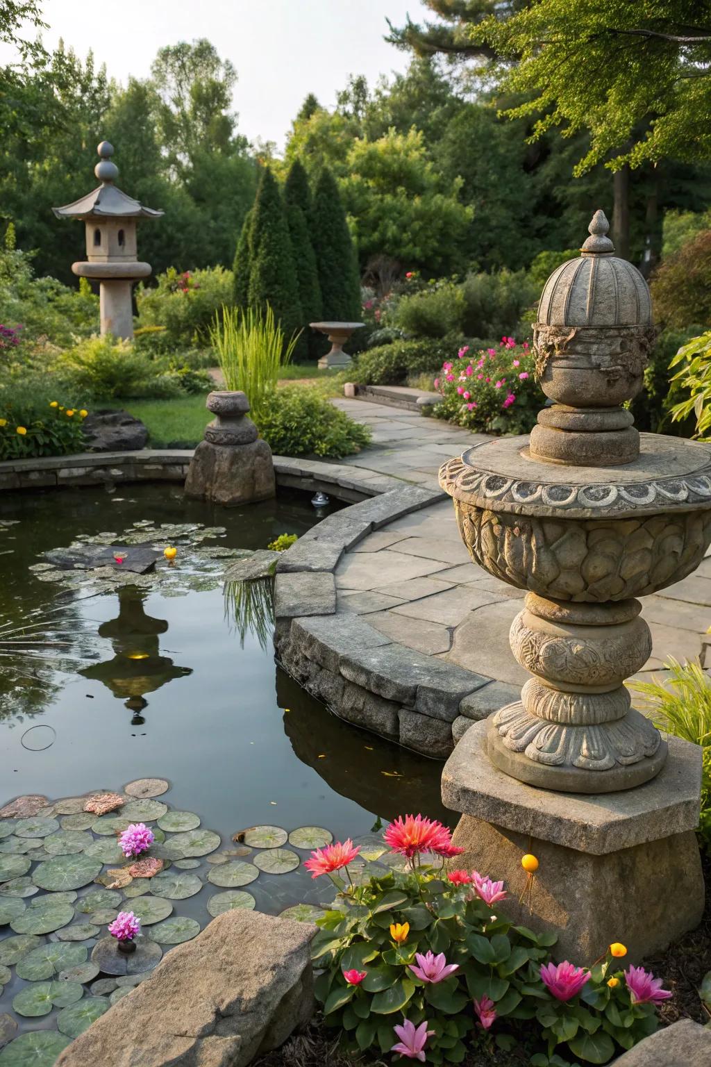A decorative pond adorned with stone statues and embellishments.