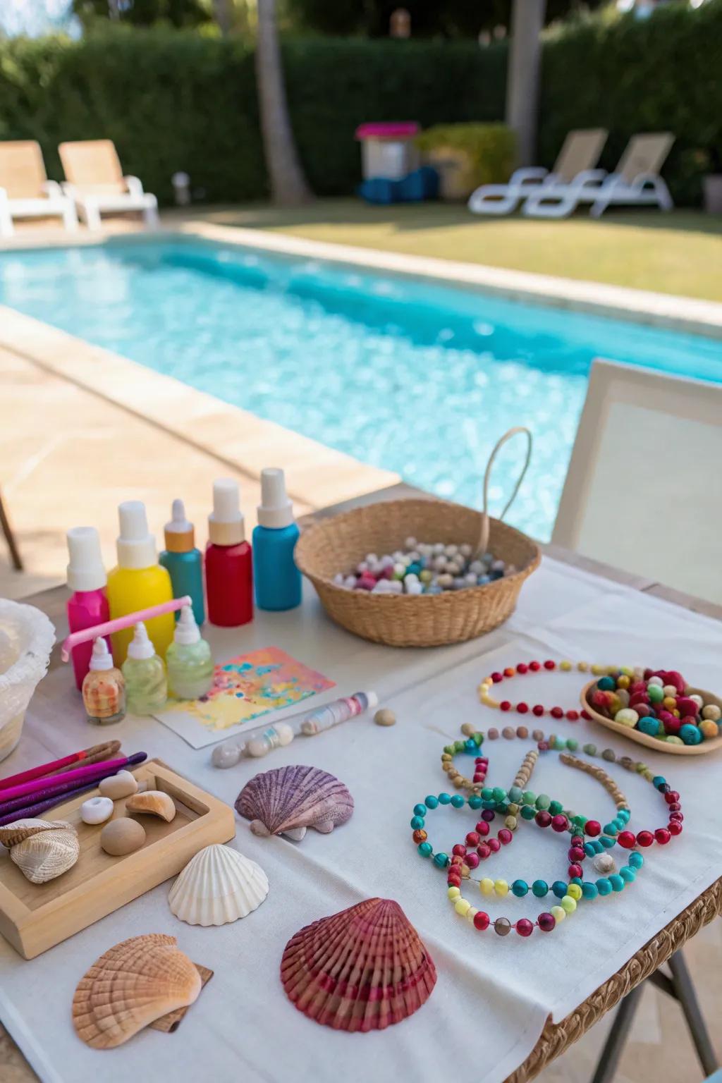 A marine shell crafting nook proffers inventive amusement for attendees.