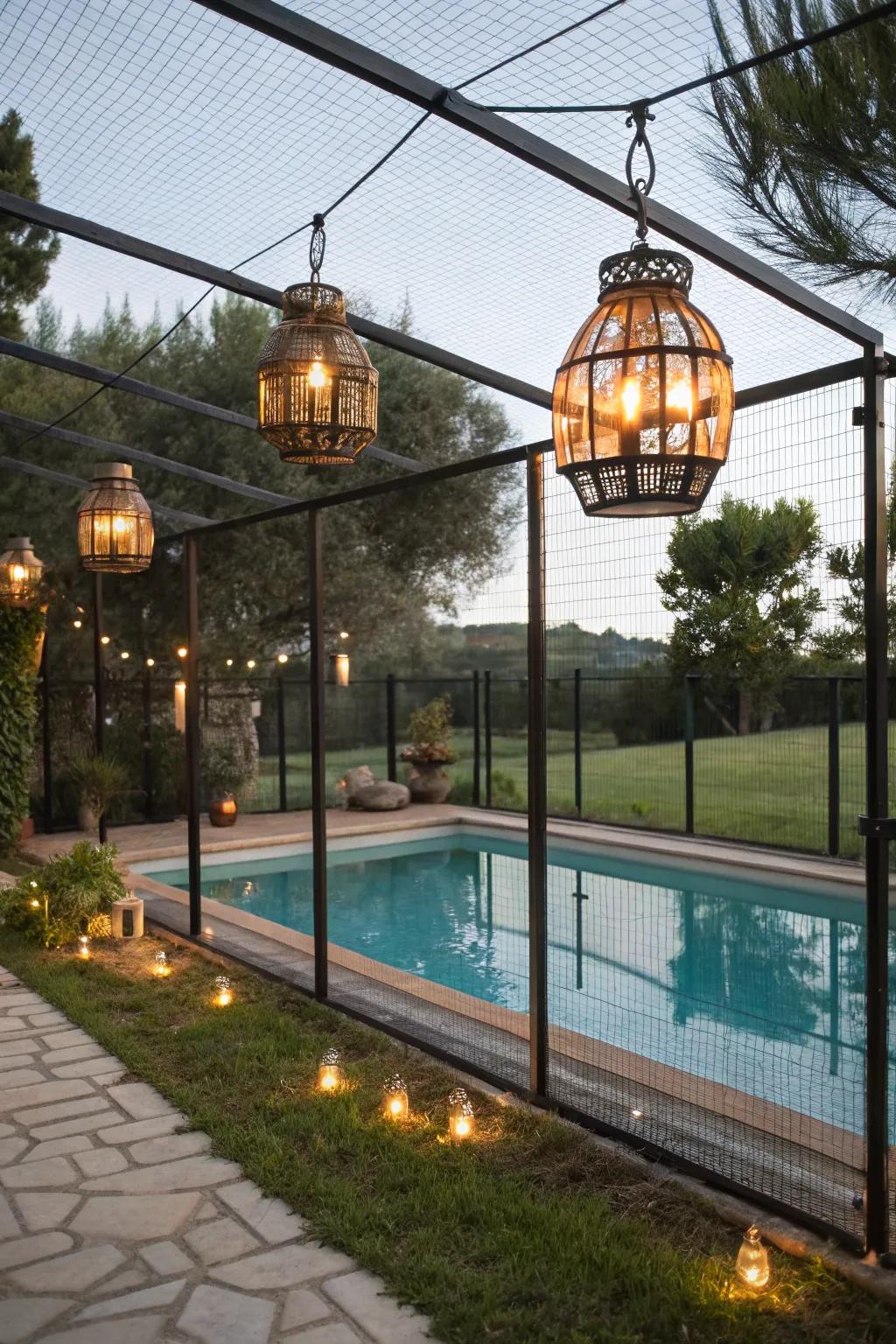 Rustic lanterns add warmth and charm.