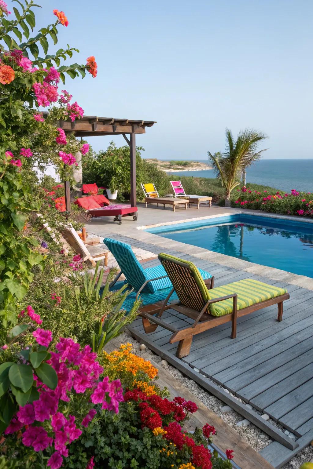 Colorful touches bring energy and vibrancy to poolside areas.