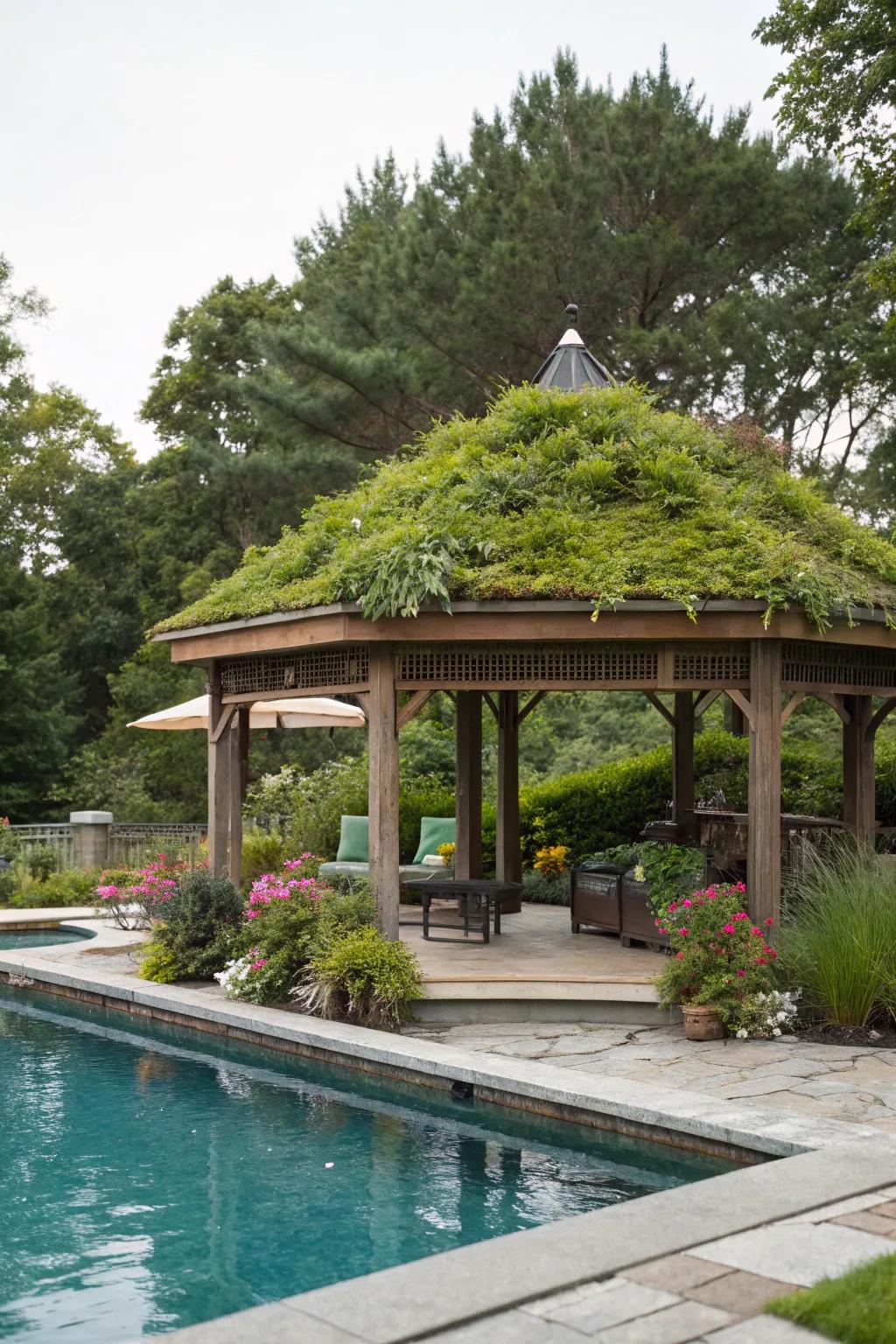 A living roof introduces environmentally-conscious charm to the gazebo.