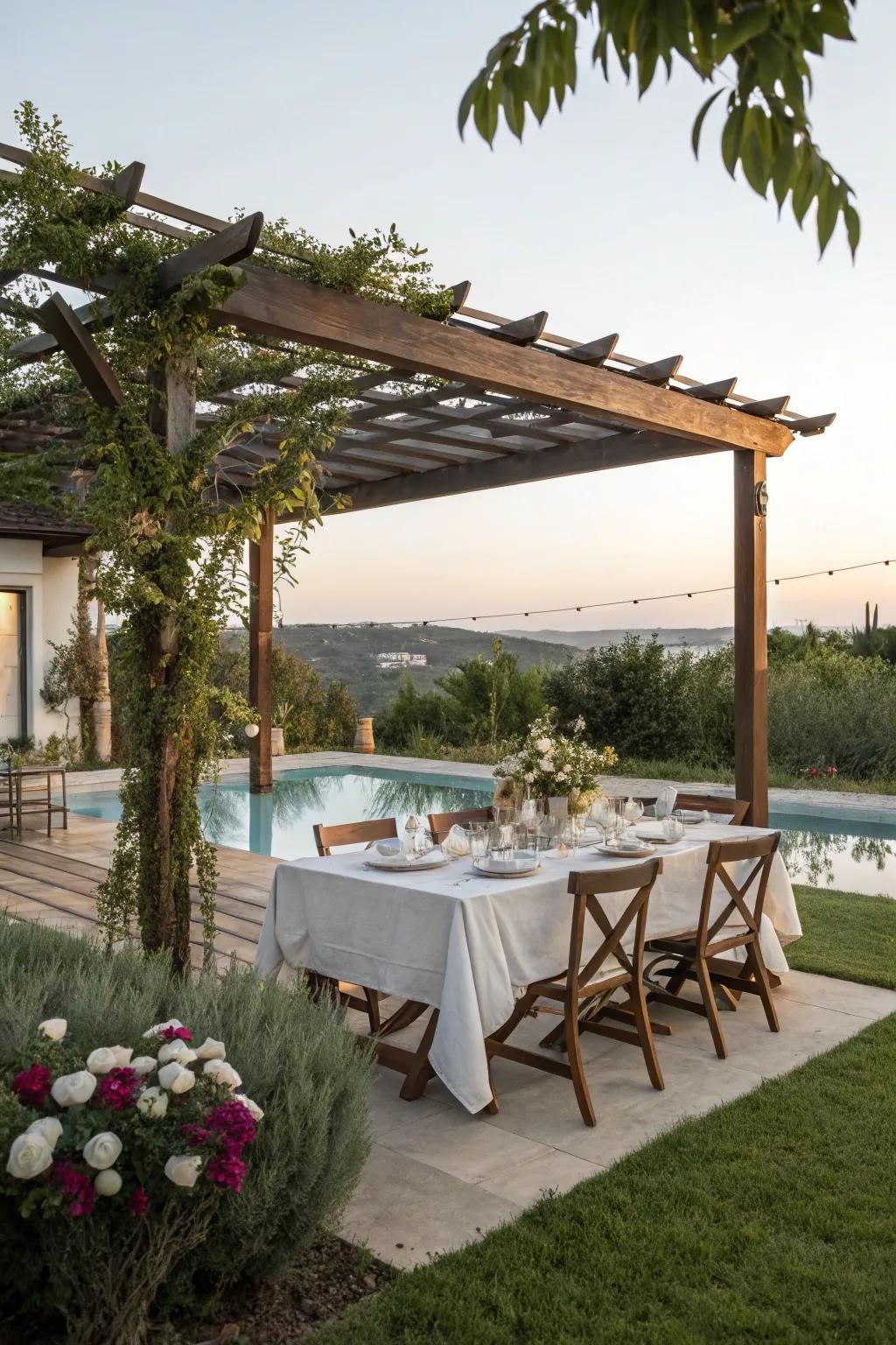 An inviting outdoor dining area next to a serene pool.
