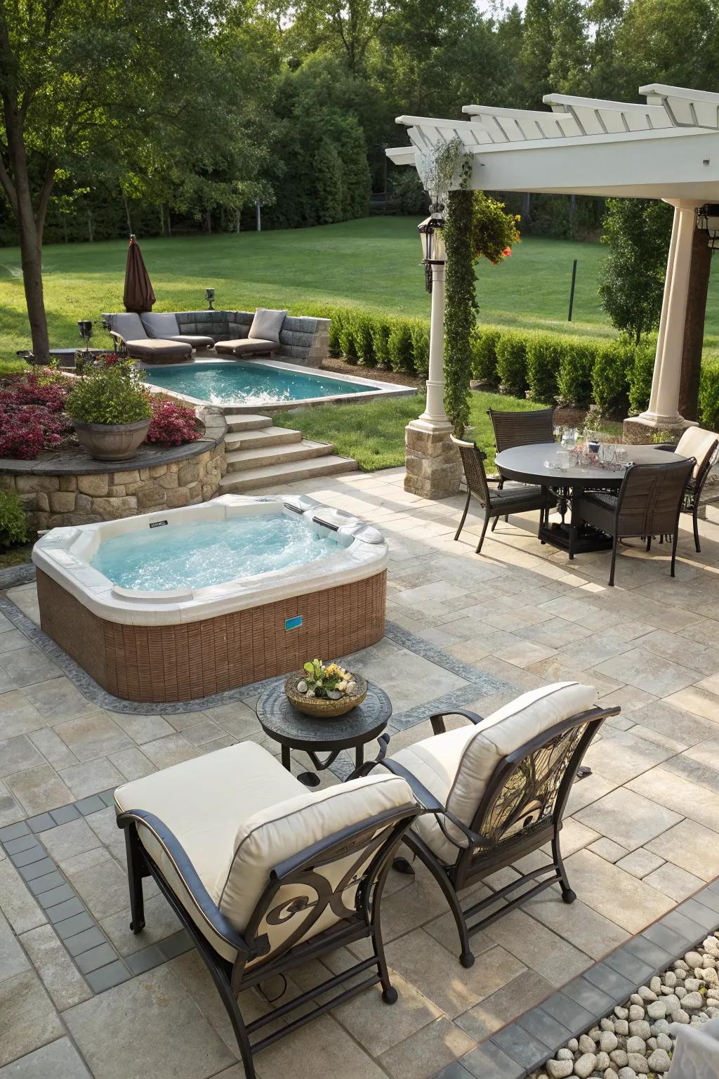 Your poolside experience is enhanced with a touch of luxury with a hot tub.