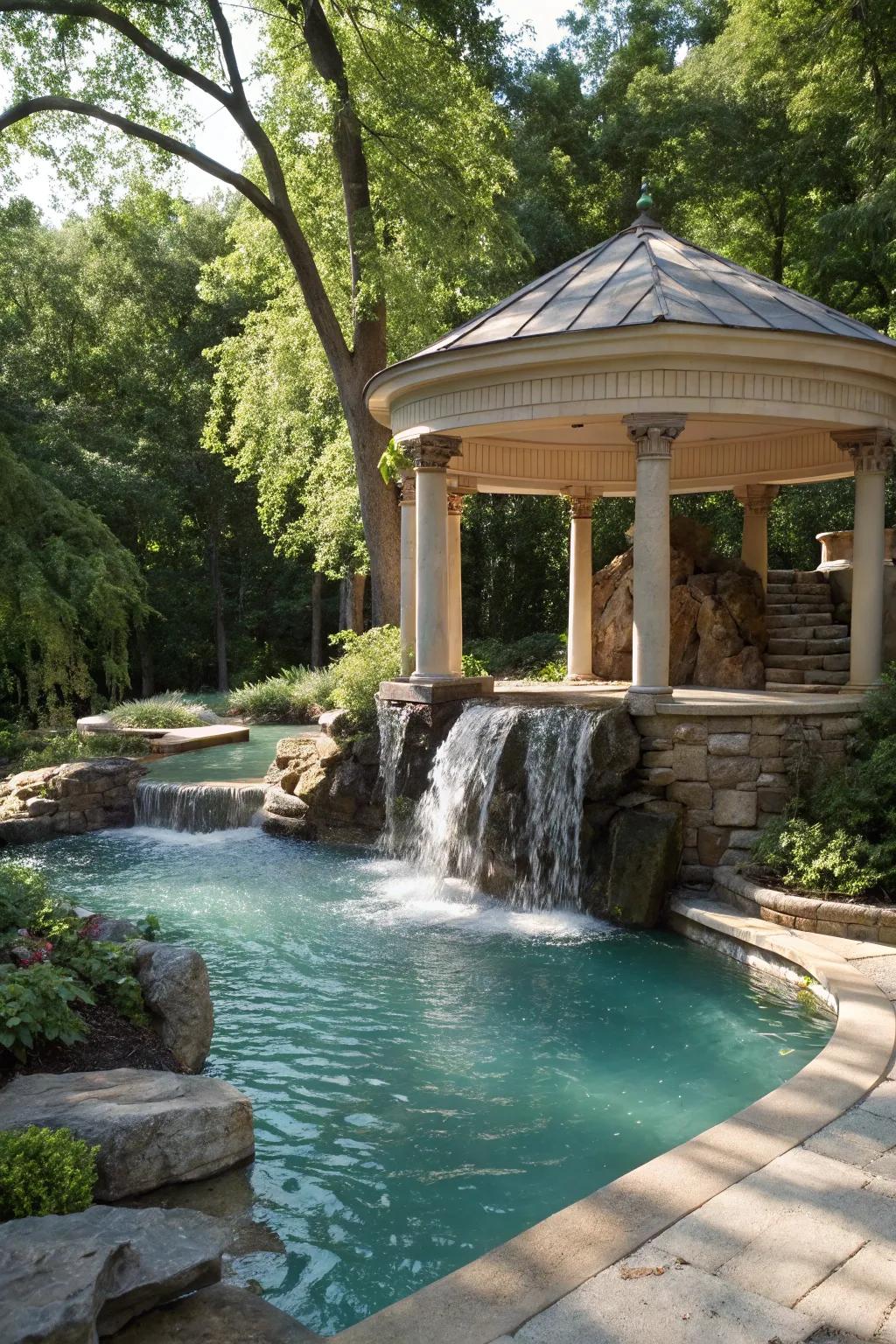 A waterfall feature adds a soothing, resort-like ambiance to your pool pavilion.