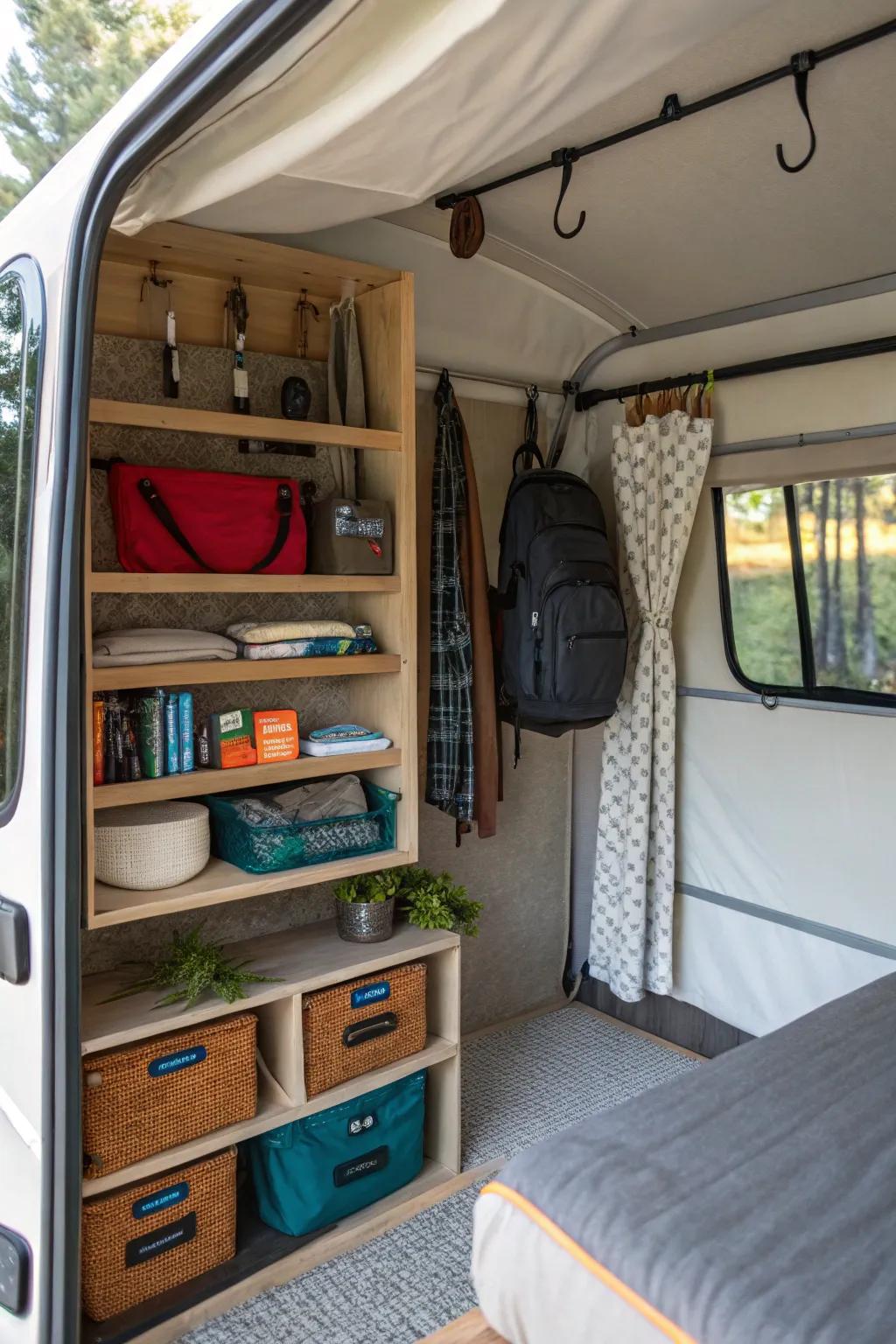 Utilizing vertical space keeps your camper organized and efficient.