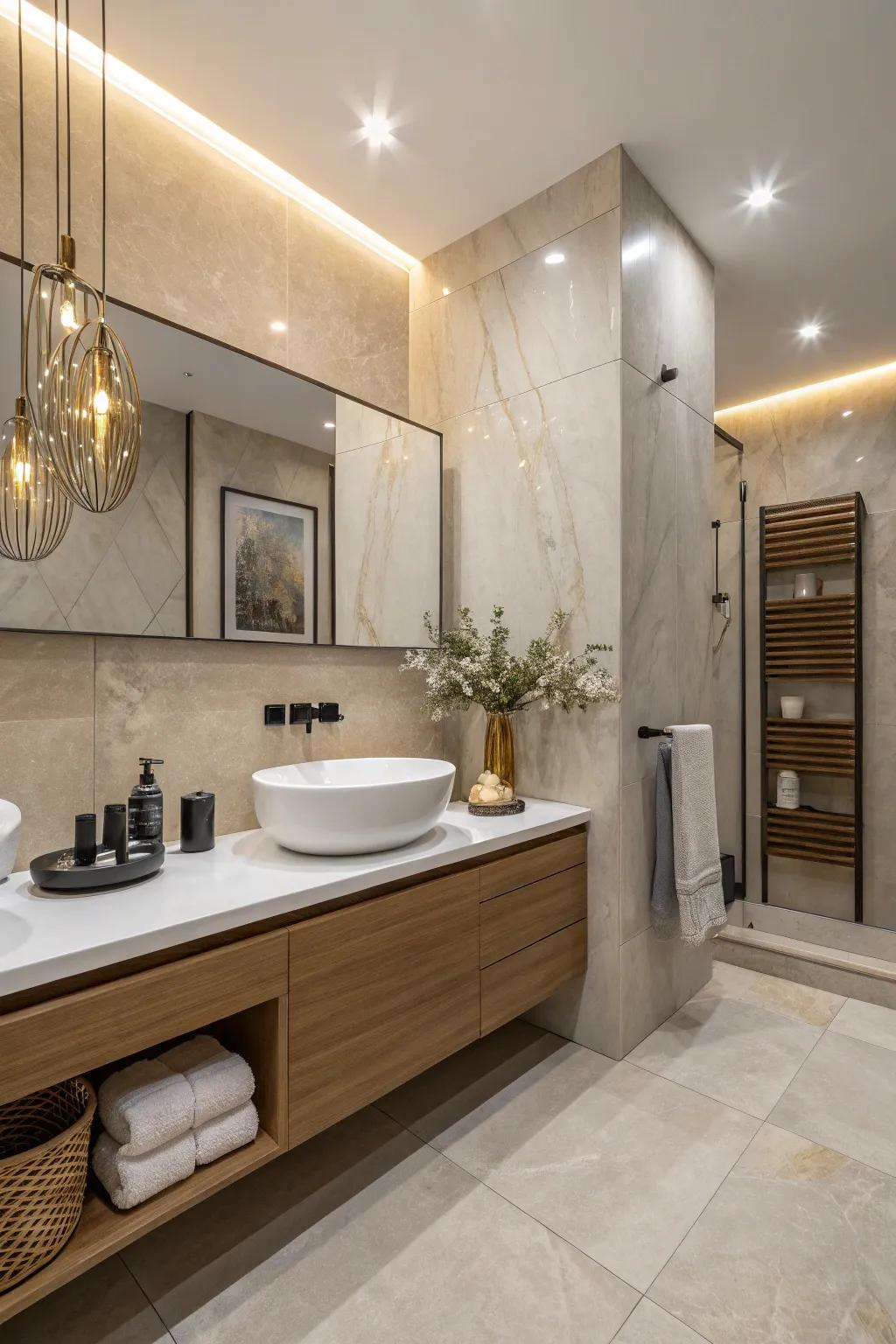 Matte finish porcelain tiles create an understated yet sophisticated look in this bathroom.