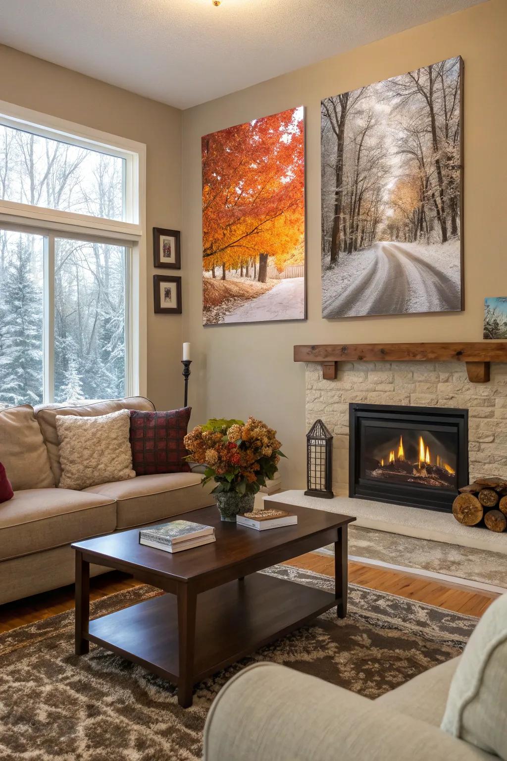 A living room that transforms with seasonal poster updates.