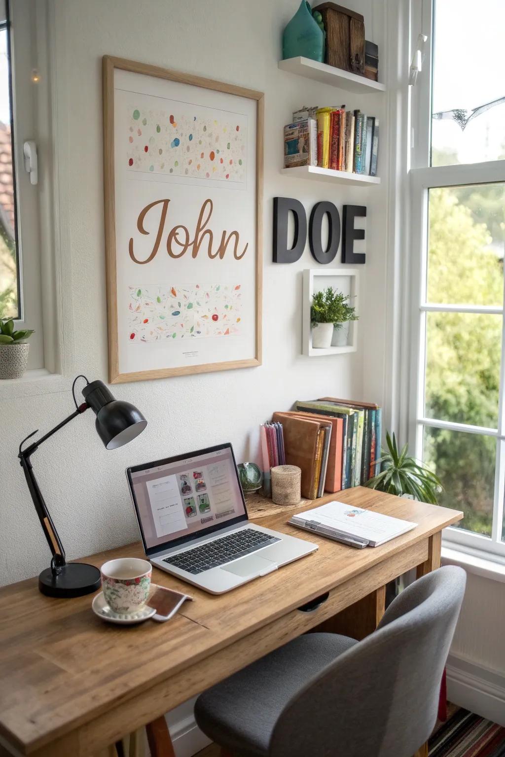A custom pattern name poster lending a personal touch to a workspace.
