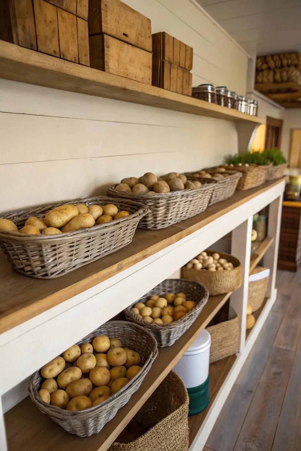 Designer baskets create a sleek and stylish spud exhibit.
