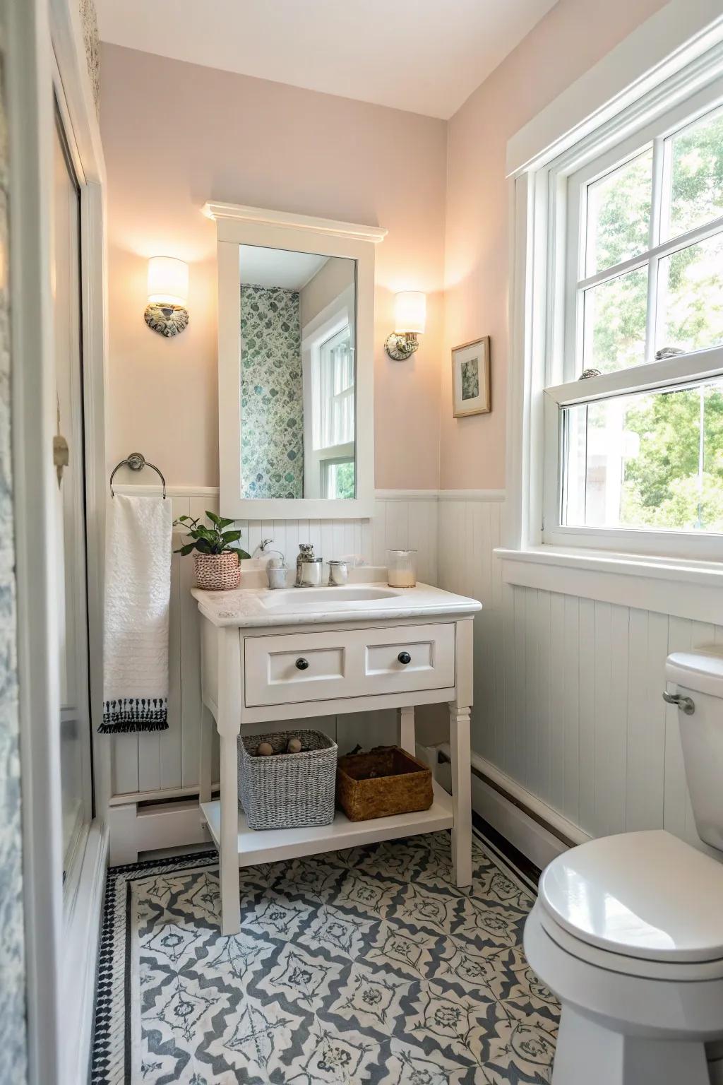 A half-bath bathed in natural light, enhancing its openness.