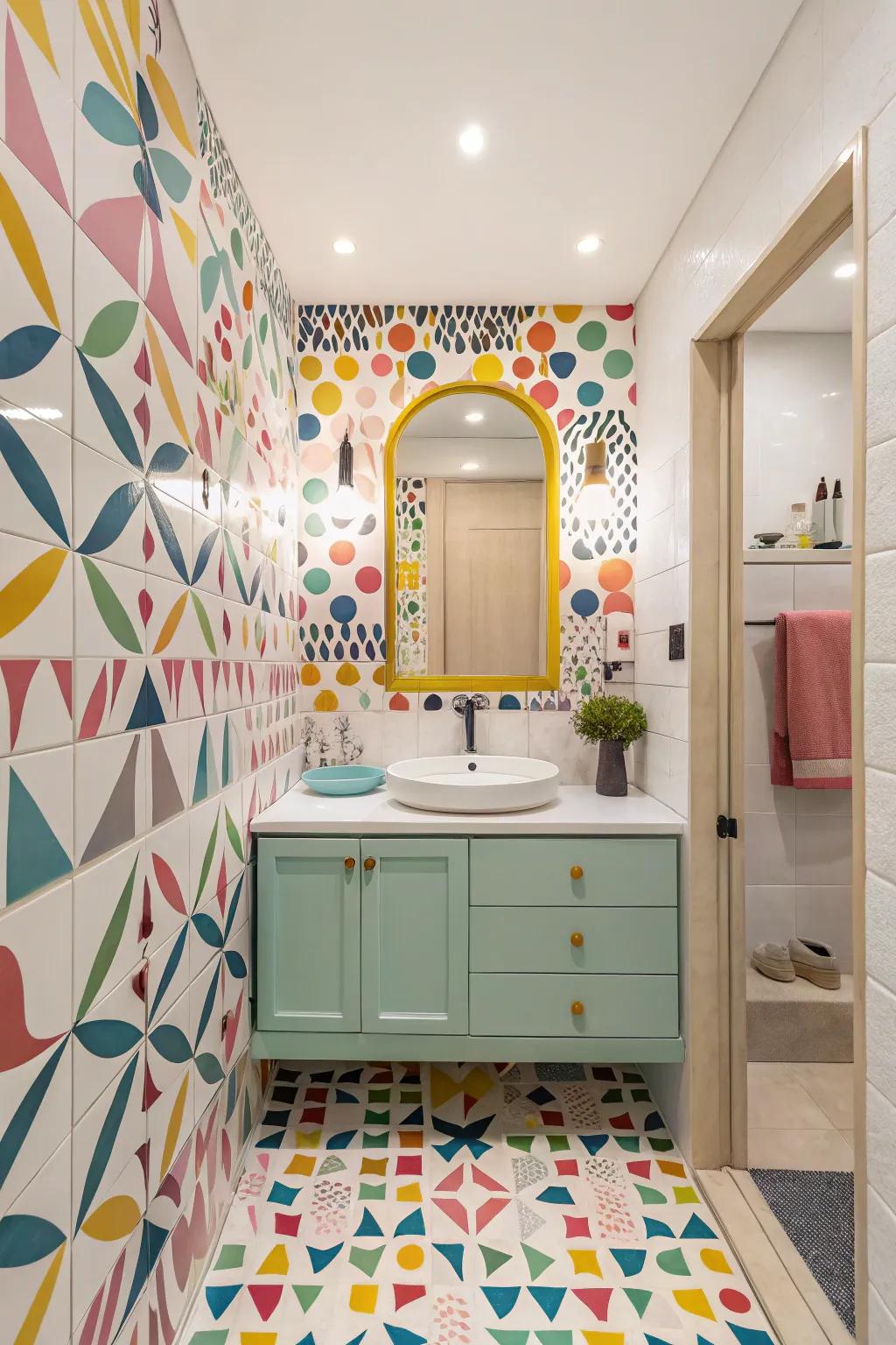 Playful patterns add visual delight to your powder room.